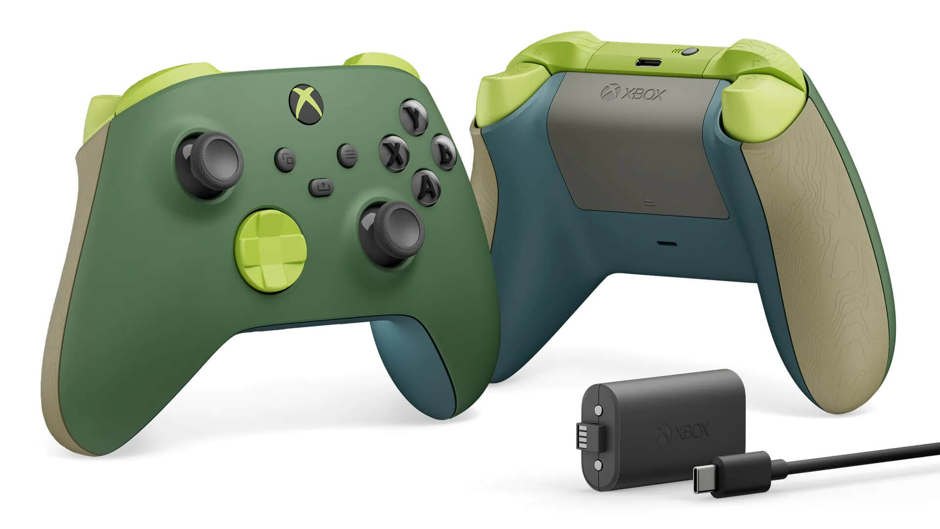The new Xbox Remix Special Edition controller from the front and the back, with a battery pack