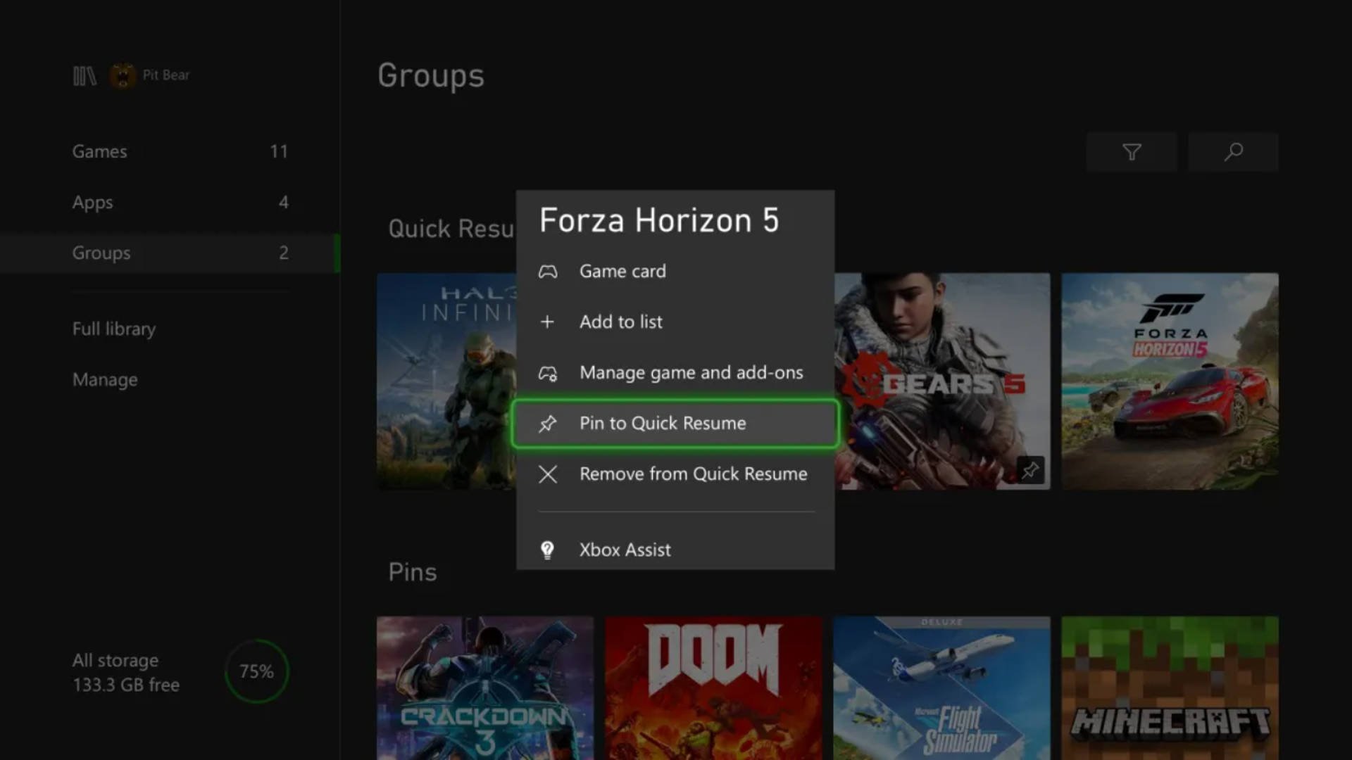 Xbox Update Quick Resume Pin menu