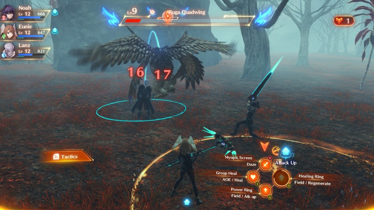 A group fighting a giant bird, a girl is wielding a staff