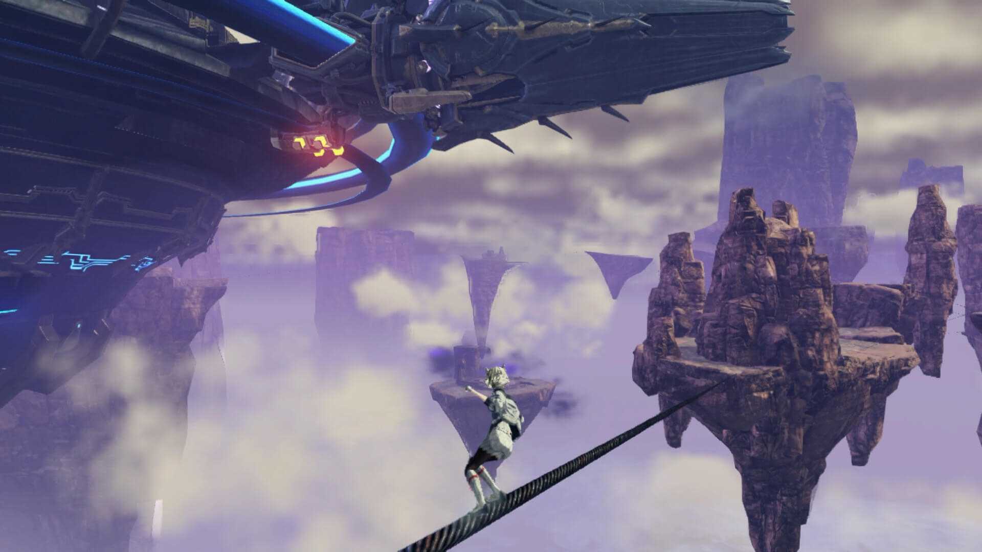 A character traversing a rope in Xenoblade Chronicles 3