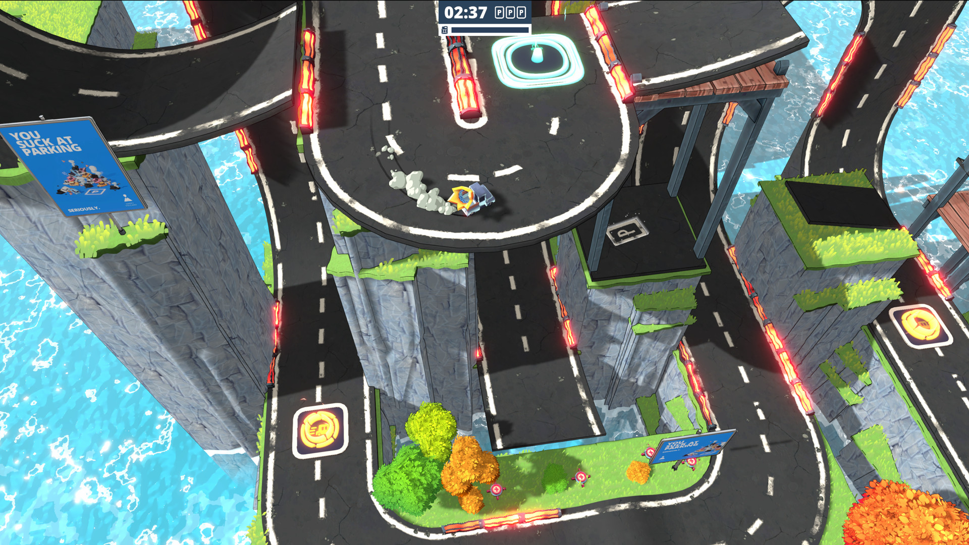 You Suck at Parking screenshot showing a car racing on an elevated platform