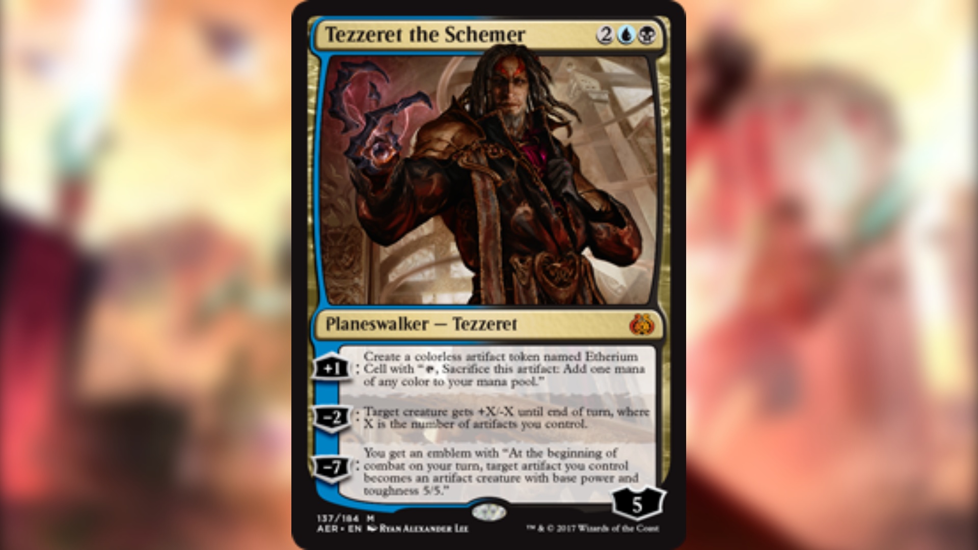 Aether Revolt magic the gathering card showing a man with a hand missing facing the viewer with a grim look on his face