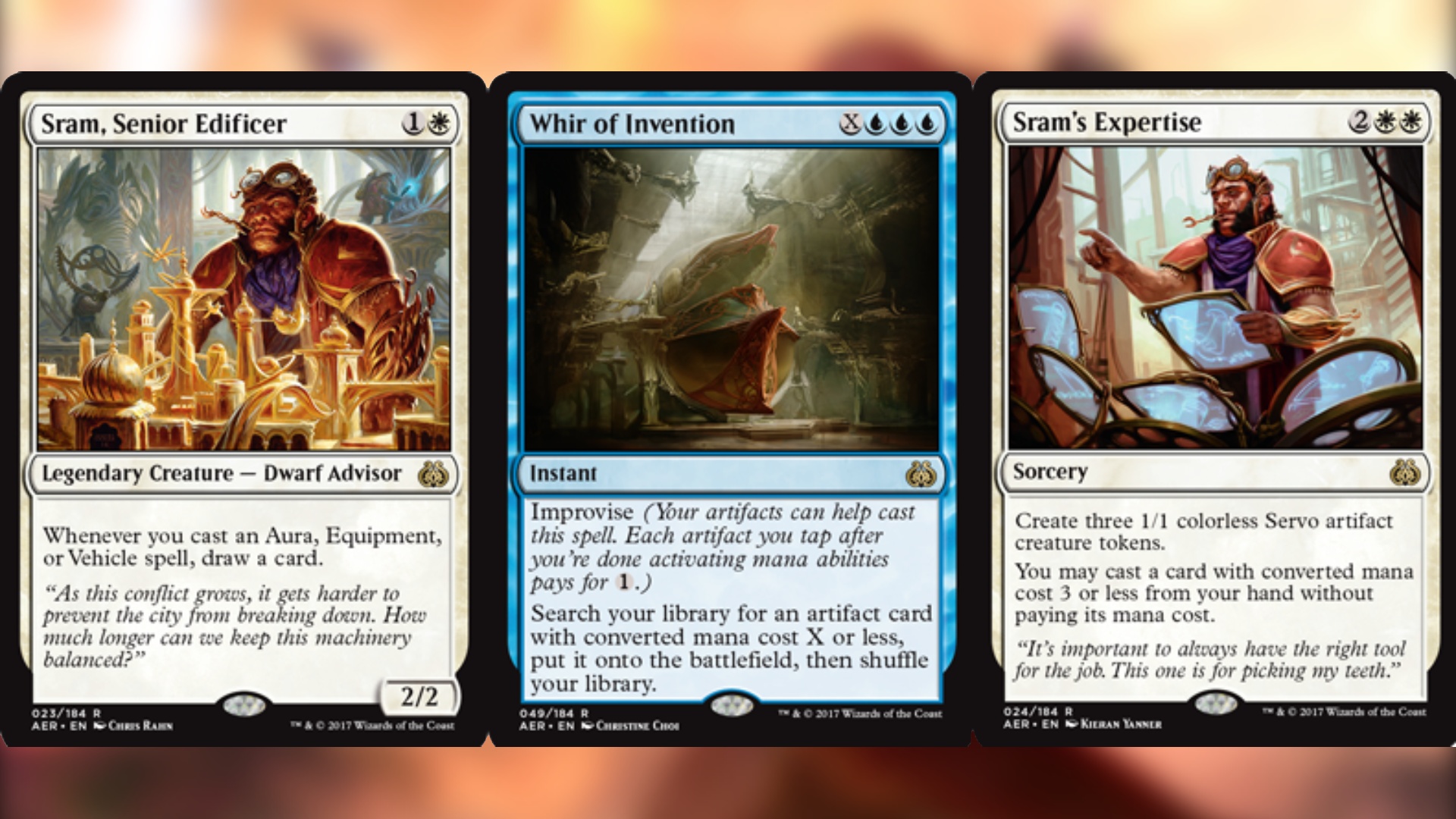 Aether Revolt magic the gathering cards three in a line two white ones flanking a blue one 