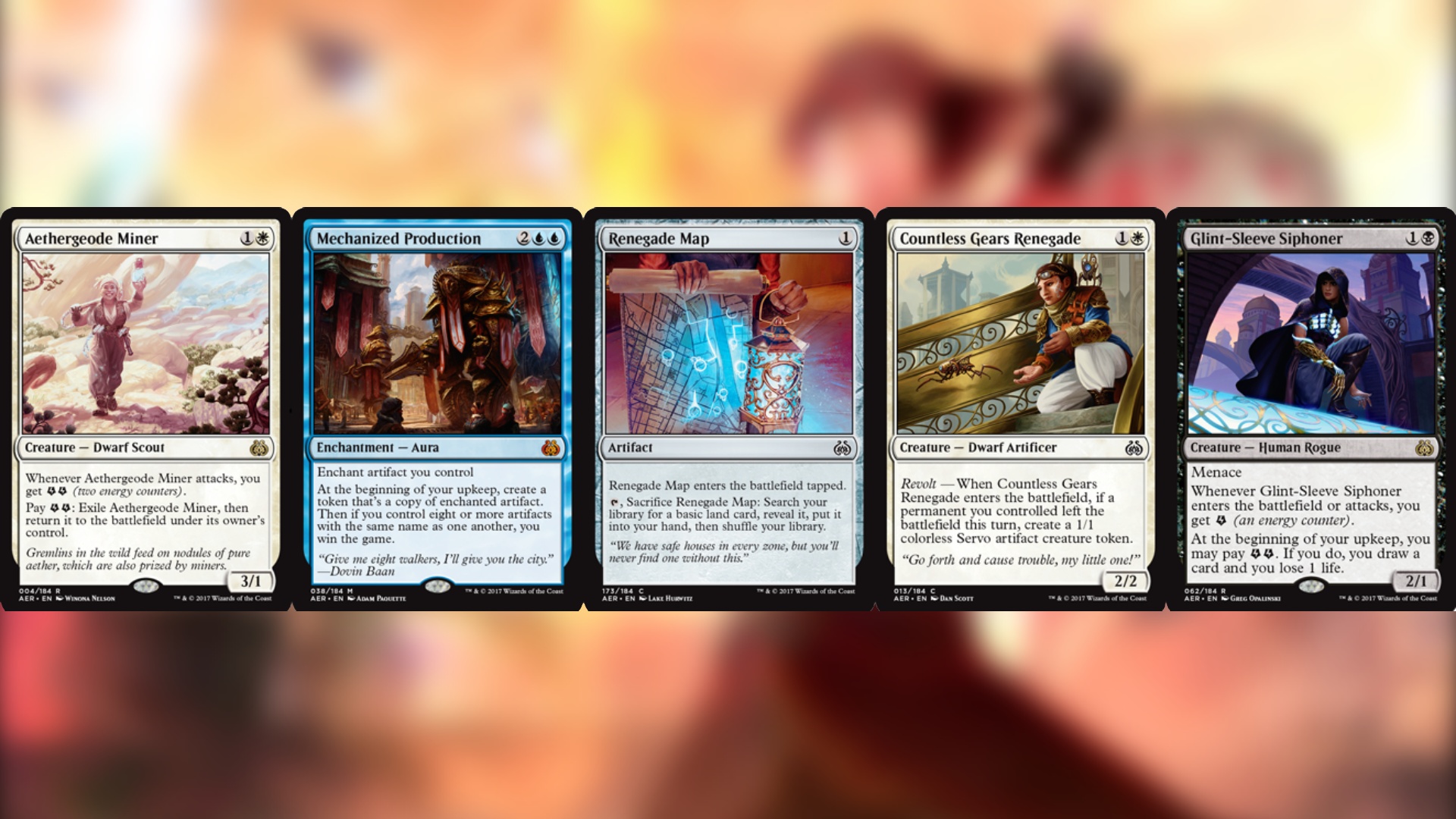 Aether Revolt magic the gathering cards with give cards in a row of various colors and types 