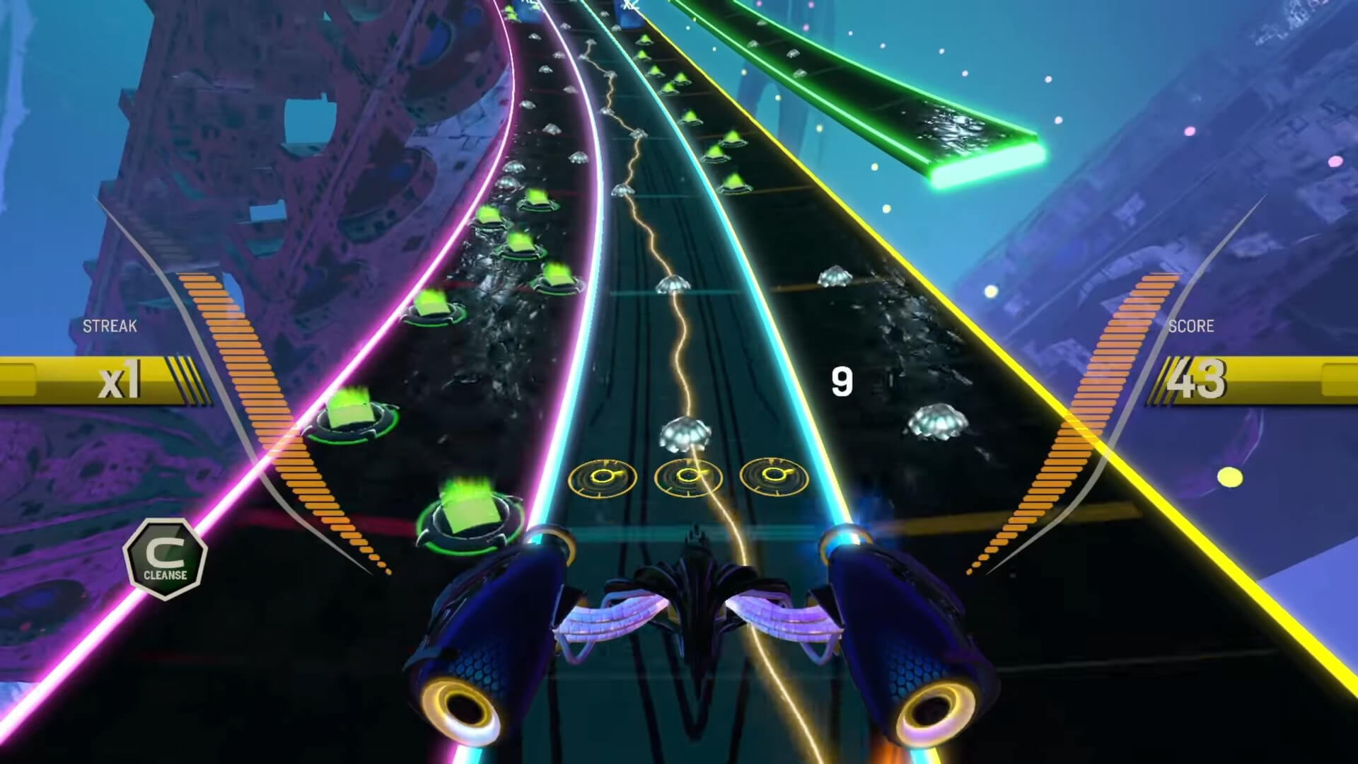 The player riding along a track and hitting beats with their ship in Amplitude, a PlayStation Plus game in January 2019
