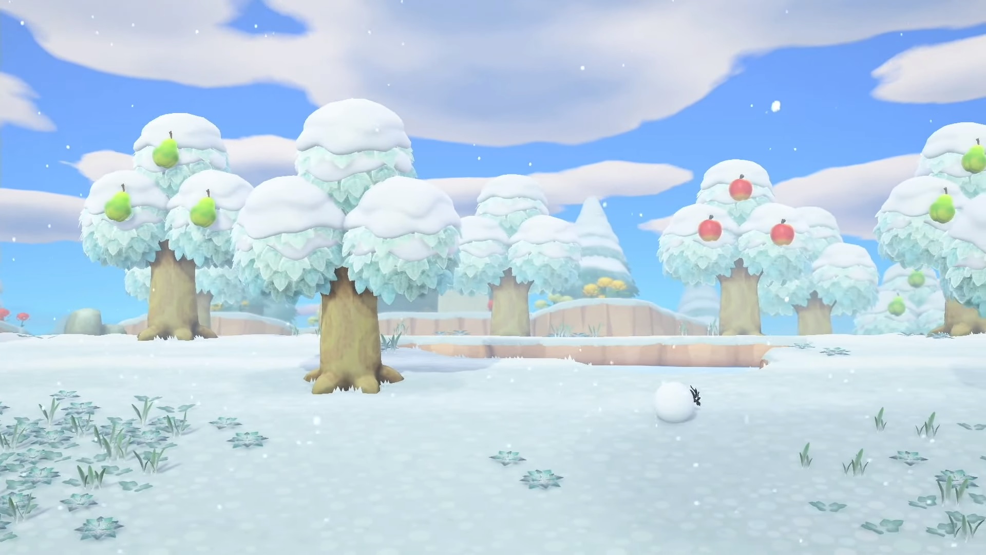 screenshot of a wintery forest with fruit on the ground covered in snow, animal crossing new horizons winter settings
