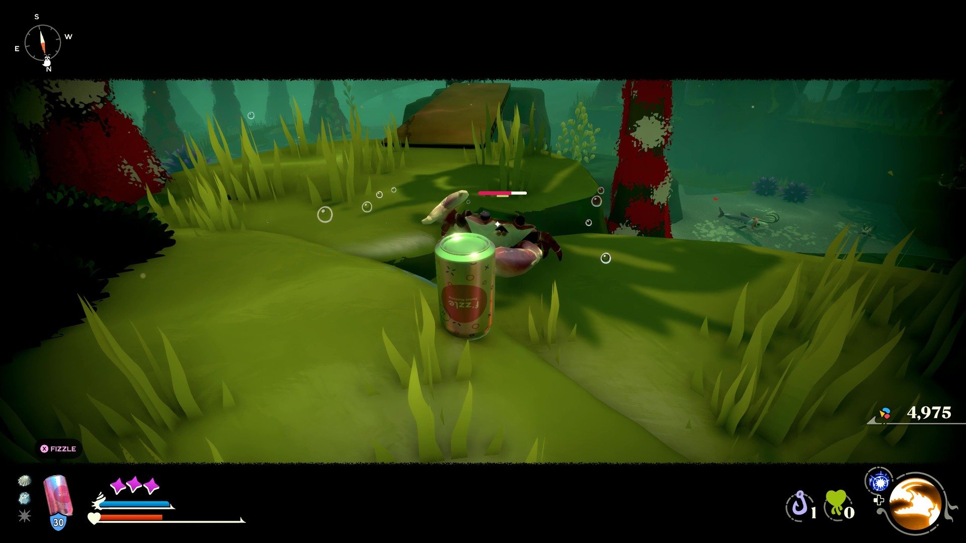 Kril about to block an enemy's attack by hiding in a soda can in Another Crab's Treasure
