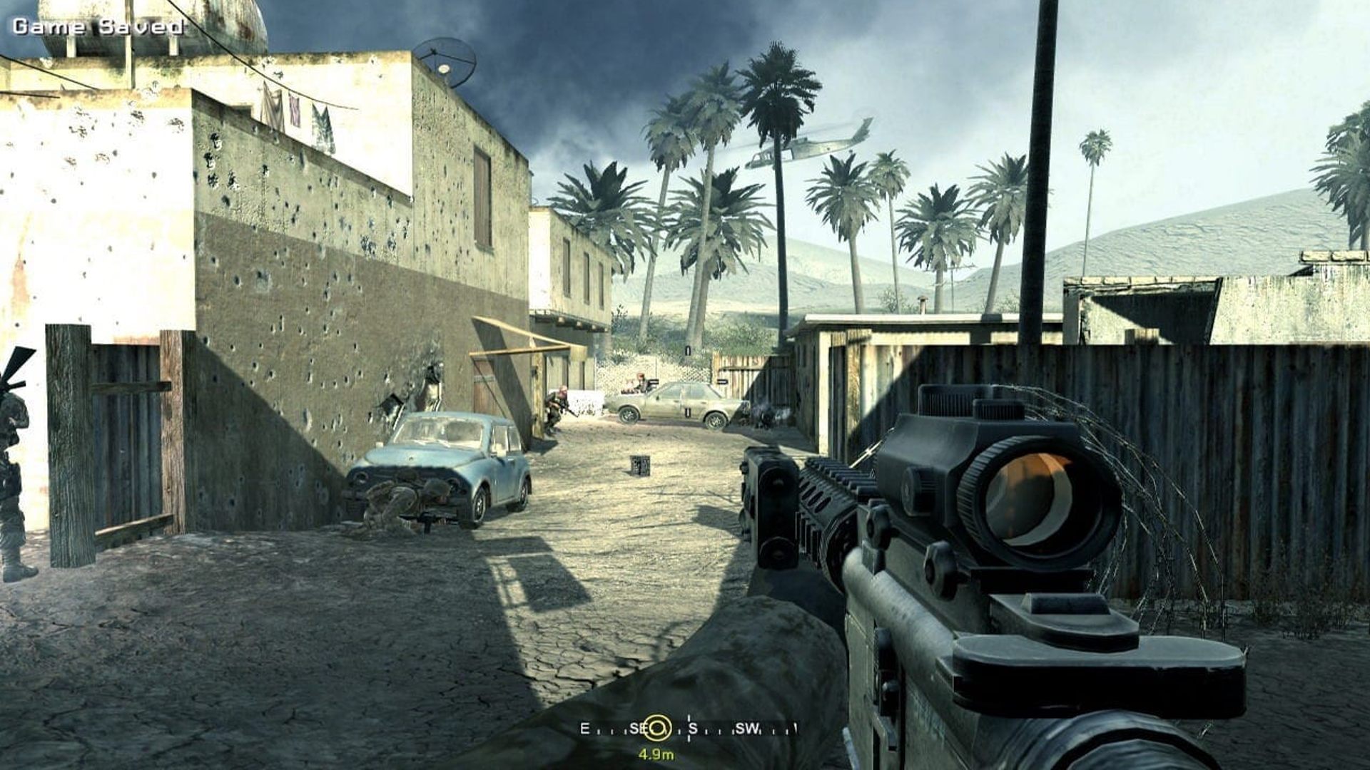 A player in Call of Duty's campaign can be seen aiming down a coridoor