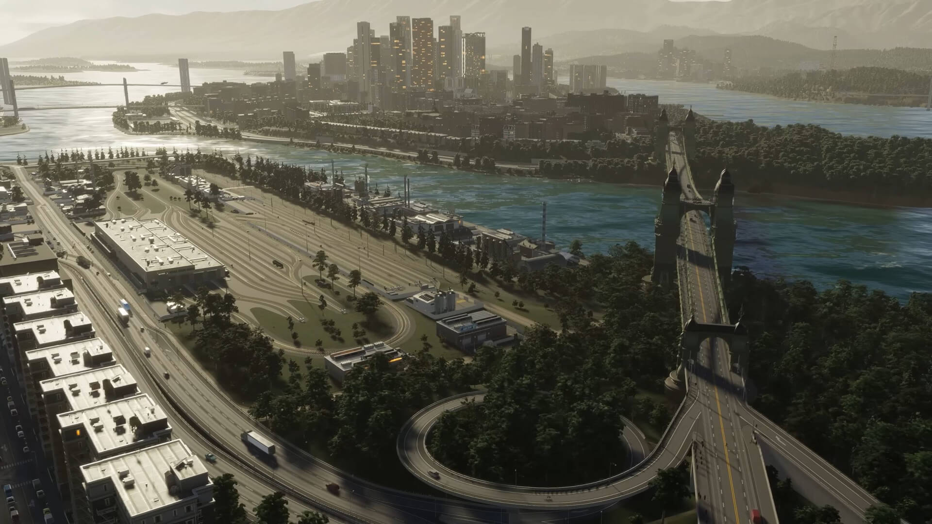 Widok z lotu ptaka na miasto z mostem w oddali w Cities: Skylines 2