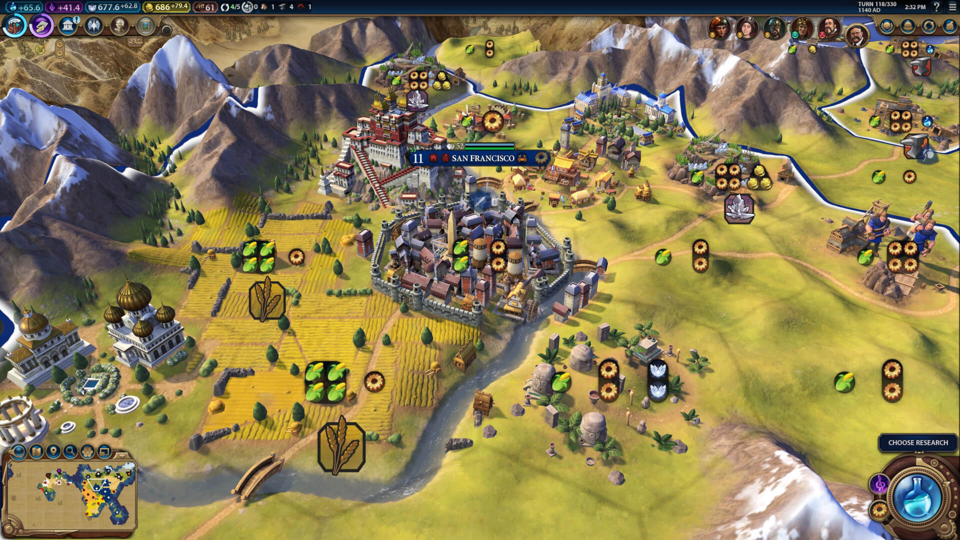 A view of the city of San Francisco in Civilization VI