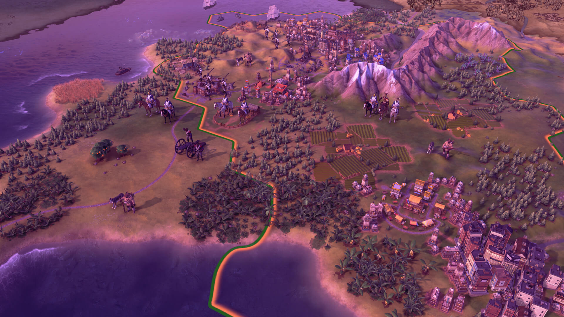 A game of Civilization VI with horsemen, cannoneers, and more visible