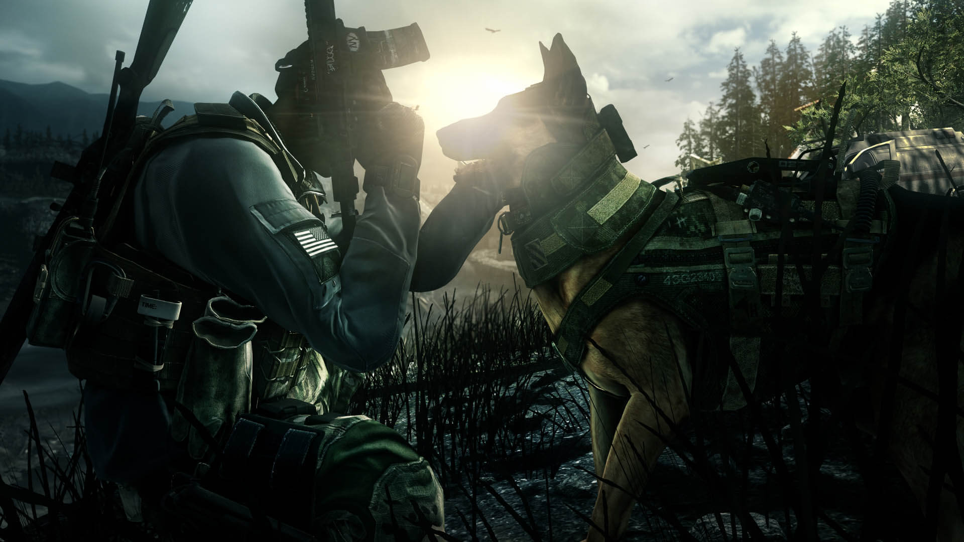 Un homme caressant le berger allemand, Riley, dans Call of Duty: Ghosts