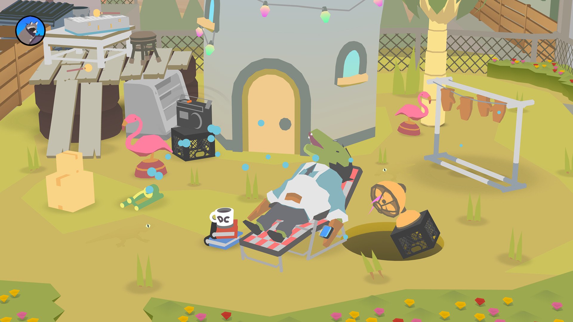Donut County Screenshot of a cartoon alligator relaxing on a lawn chair. 