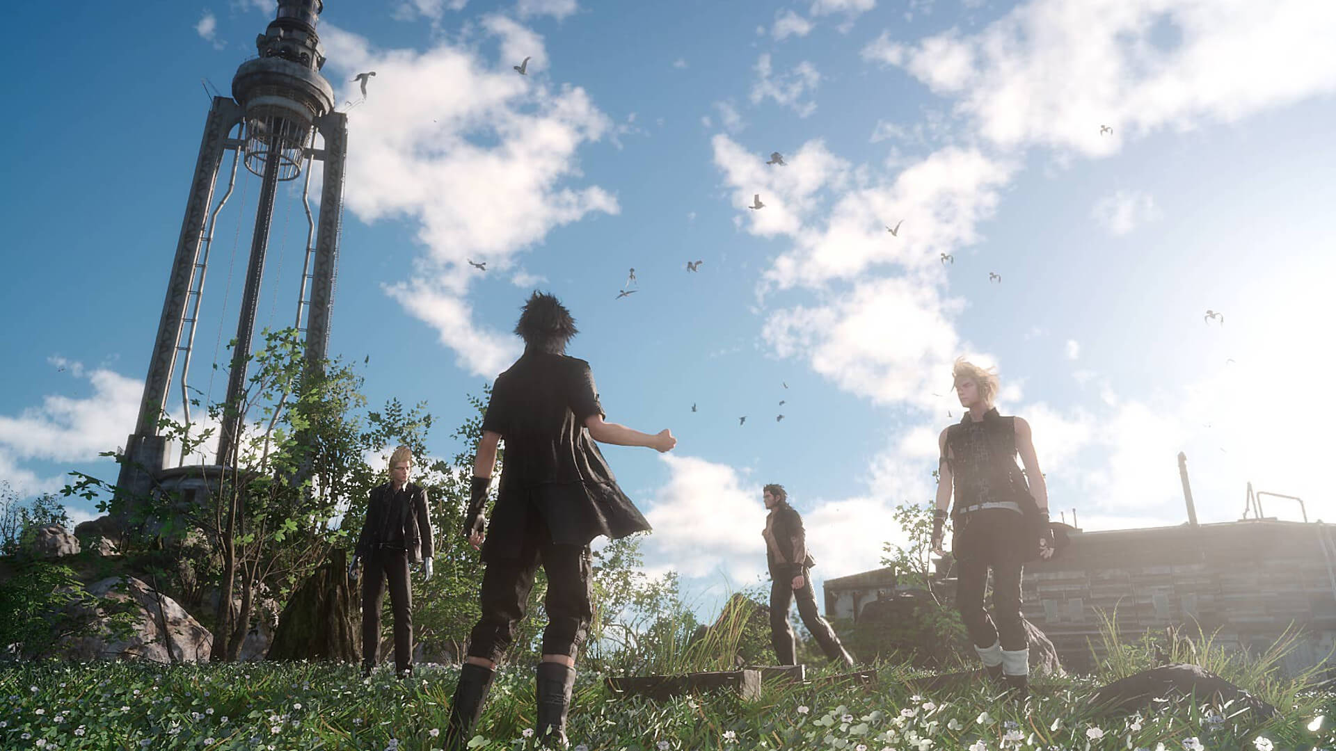 The party gathered in a field near a tower in Final Fantasy XV