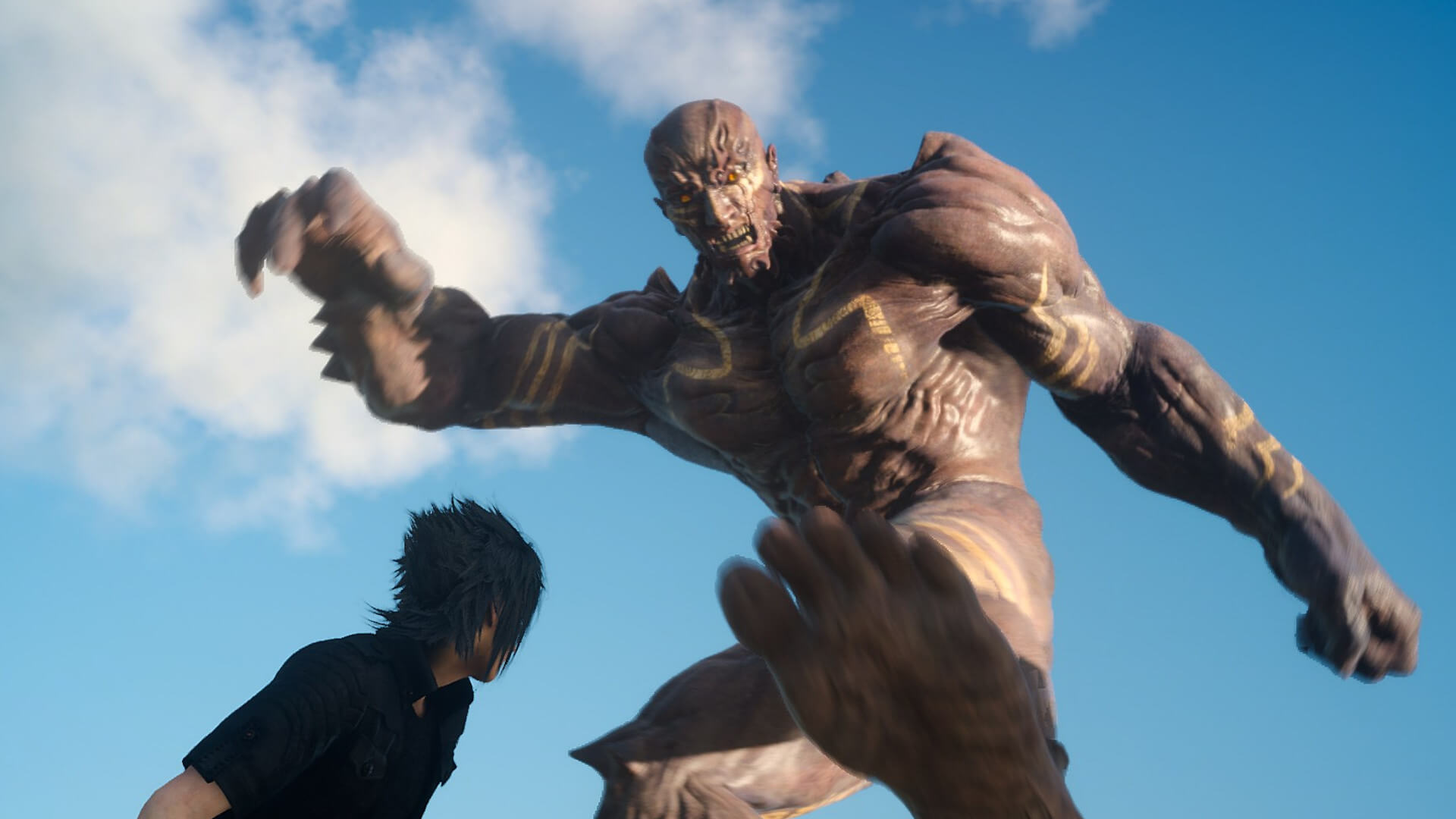 Titan about to crush Noctis with his foot in Final Fantasy XV