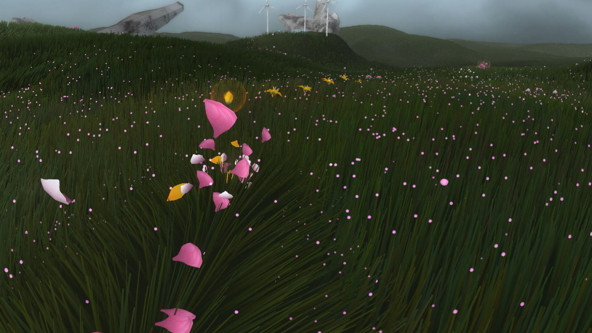 A breeze blowing petals through a drab field in Flower, the PlayStation Store's best-selling game of November 2013