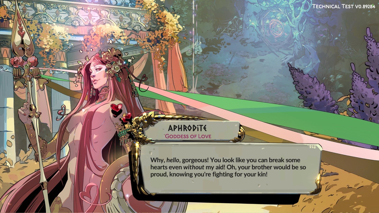 A screenshot from the Hades II Technical Test showing goddess of love Aphrodite wielding a spear and wearing warpaint