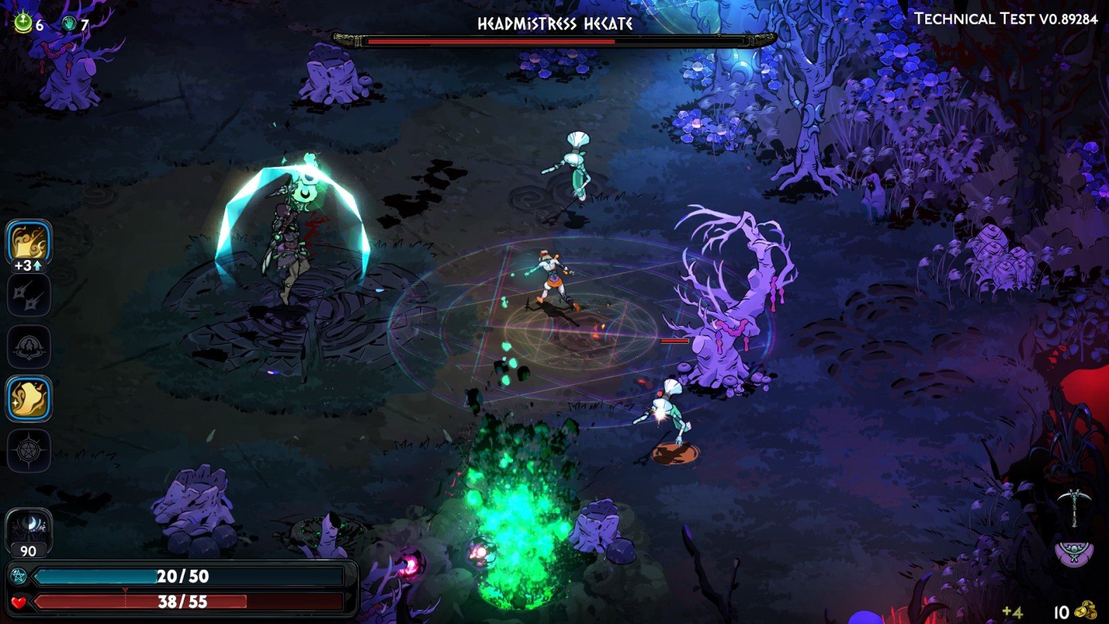 Zrzut ekranu z testu technicznego Hades II, przedstawiający Melinoe podczas walki z bossem przeciwko Hekate.