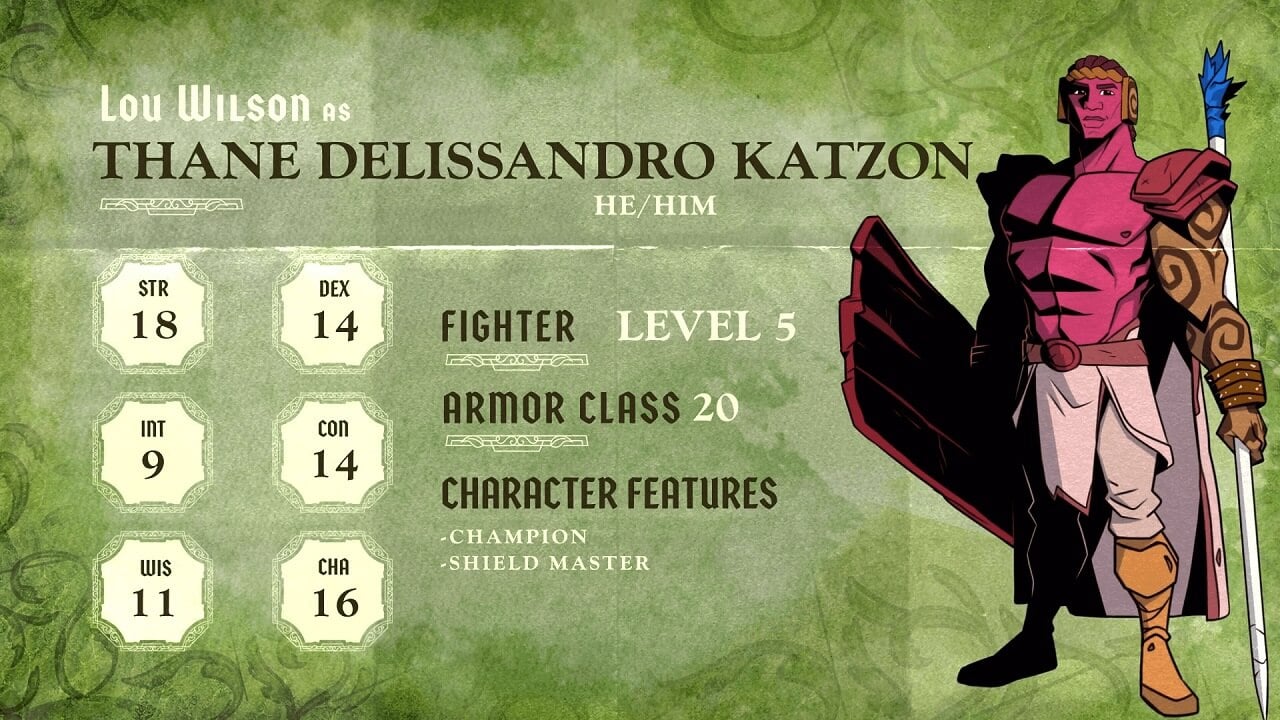 Delissandro Katzon and his stat block from Dimension20: The Ravening War