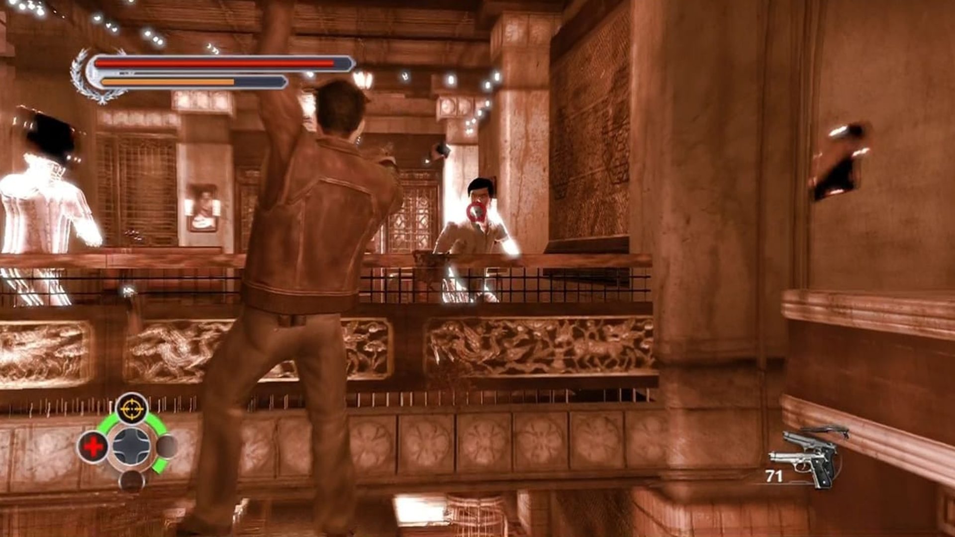 The player can be seen shooting some weapons