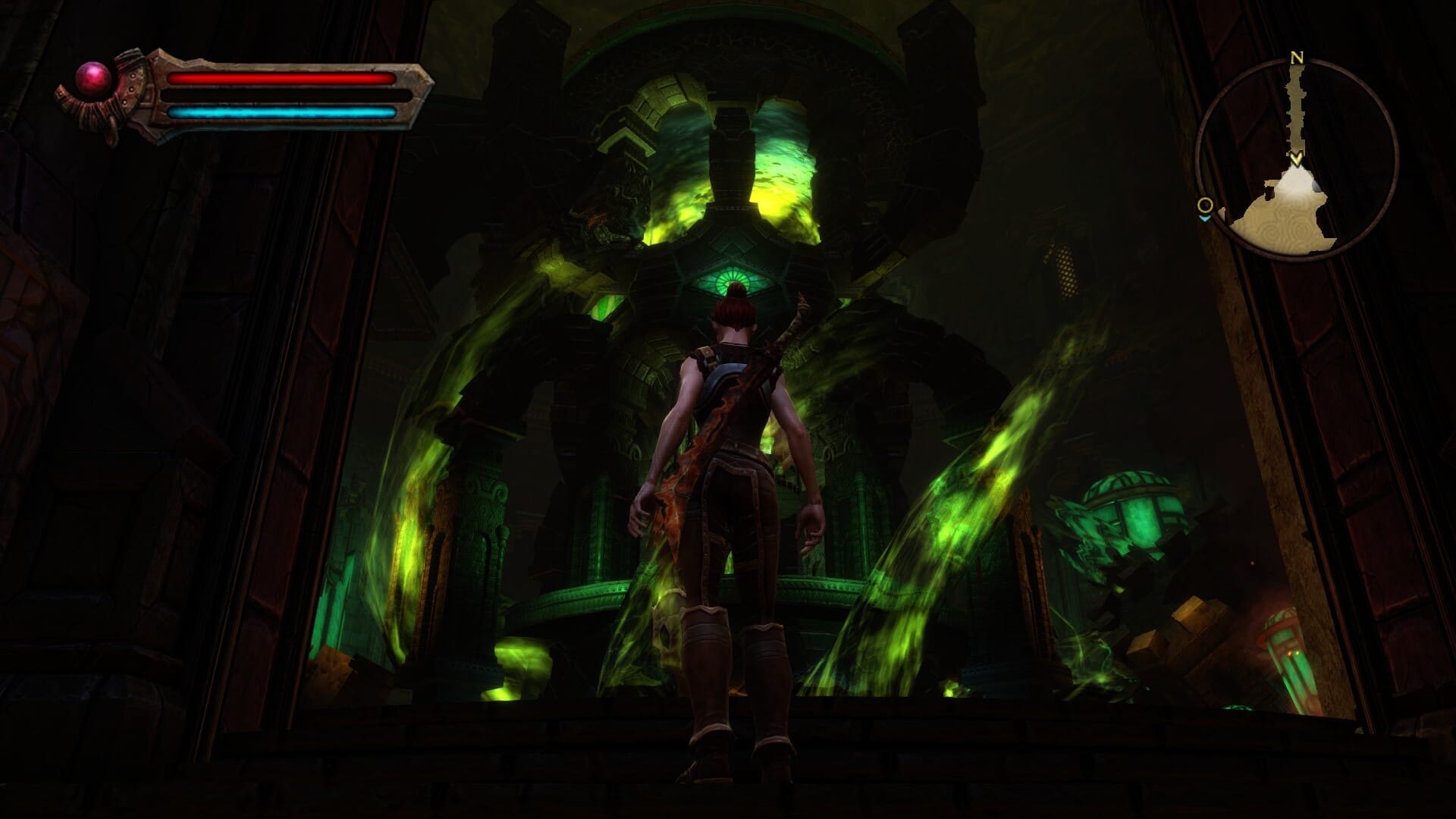 A character can be seen walking with a large structure in front of them in a dark room