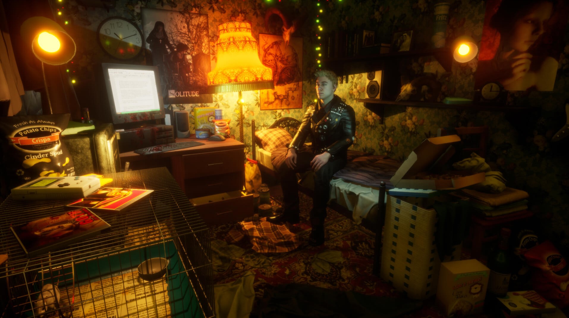 A young punk in his 20s wearing a leather jacket sits on a bed, on the wall are posters of half naked women, beside the bed a desktop computer, and above it a small overloaded shelf covered in books.  To the left of the room there is a wire cage on topa chest of drawers.  Inside the cage a rat runs on a wheel.  Next to the cage is a small safe.