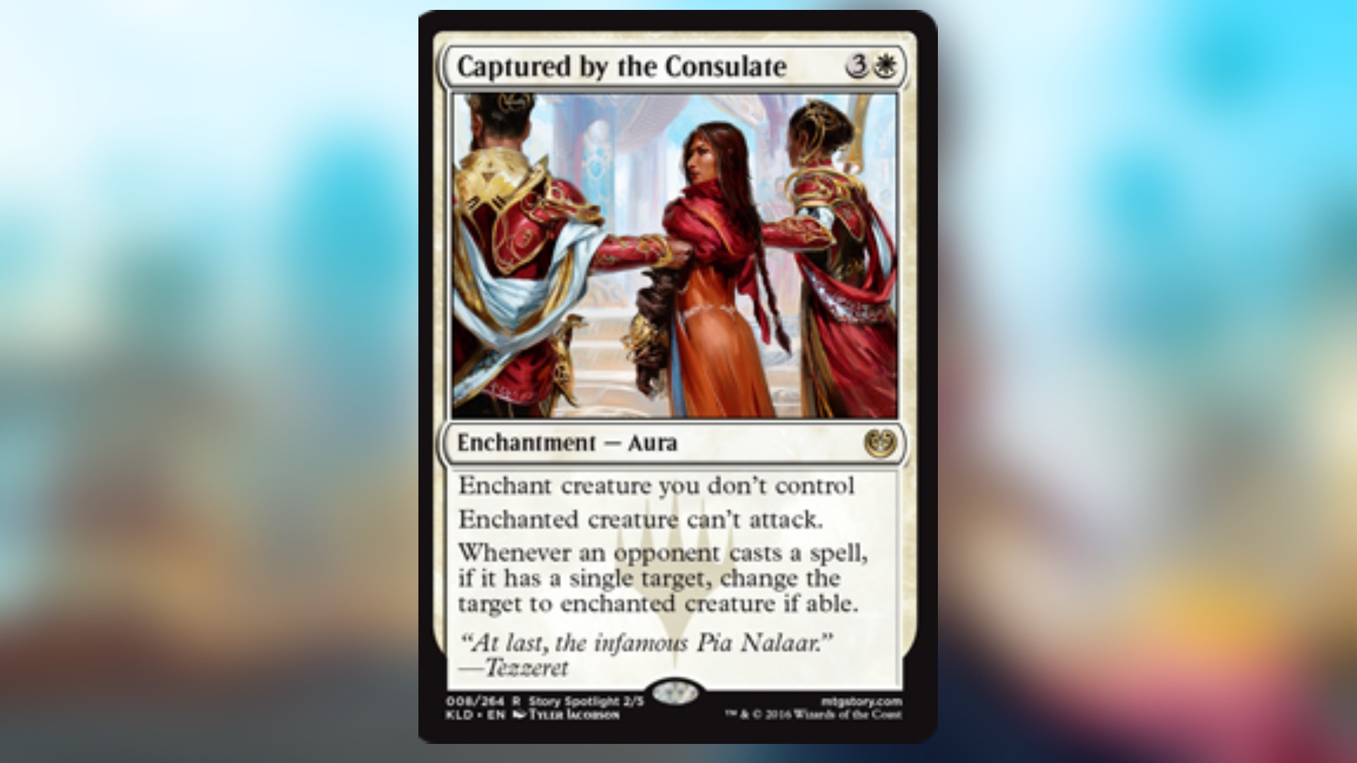 magic card in white with art of a woman being led away by two unseeable figures