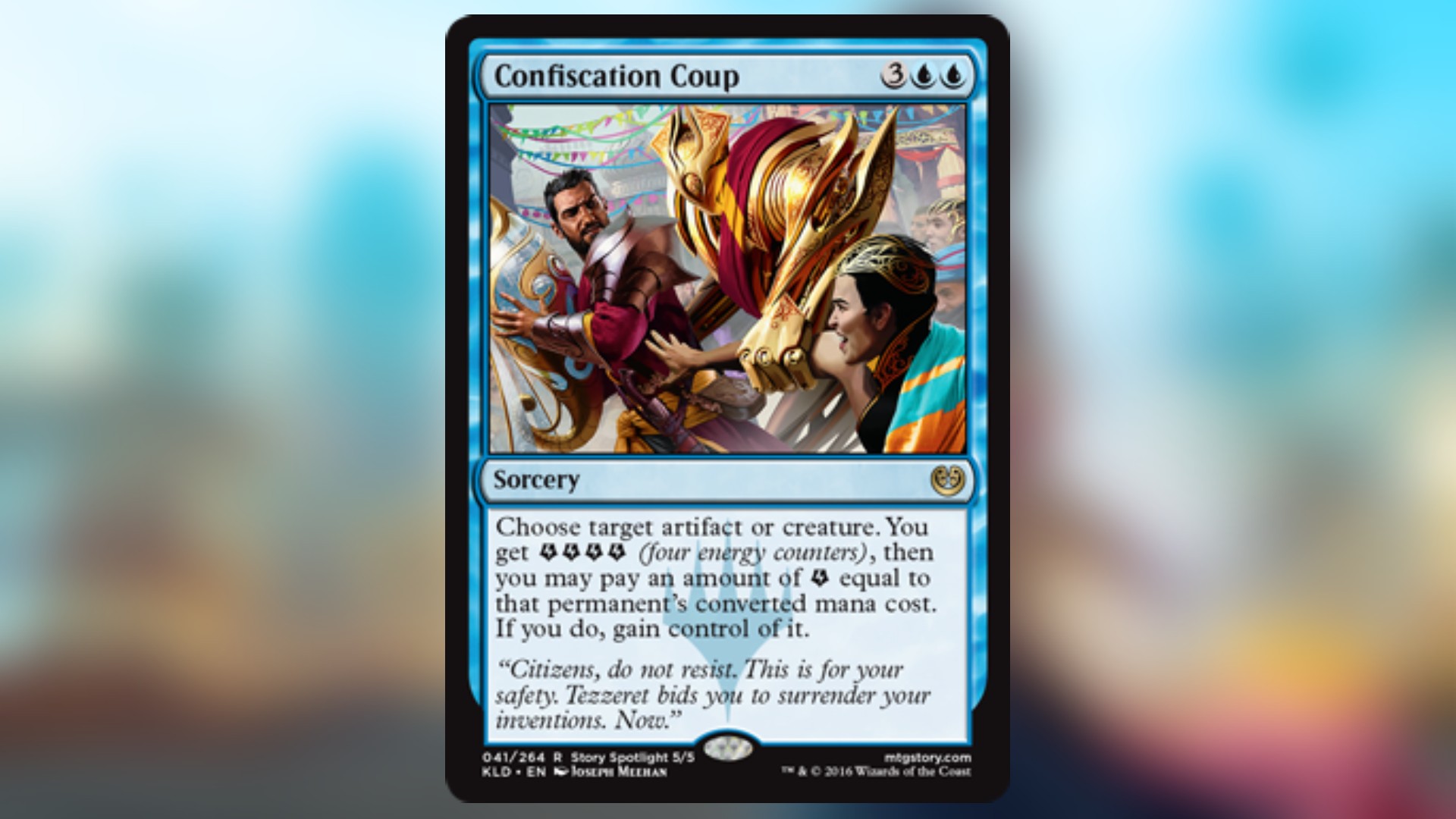 magic the gathering card in blue with art of a bronze construct stepping in to prevent a figure from grappling an important looking person