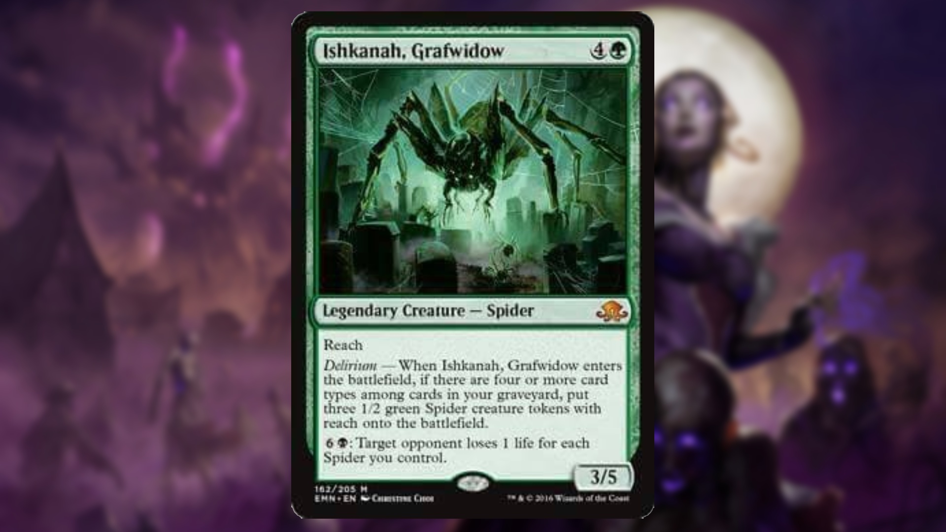 magic the gathering card in green with art of a giant spider who has made its nest amongst an endless misty maze of gravestones