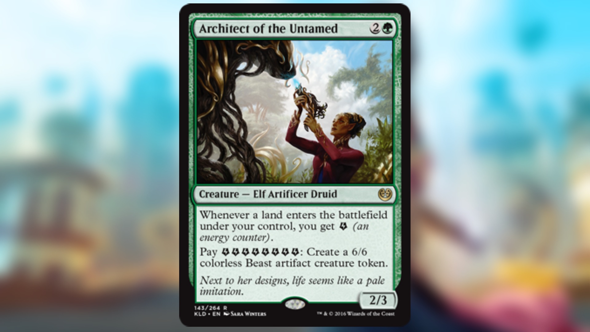 magic the gathering card in green with art of an elf holding up a strange artifact to take control of a giant plant monster