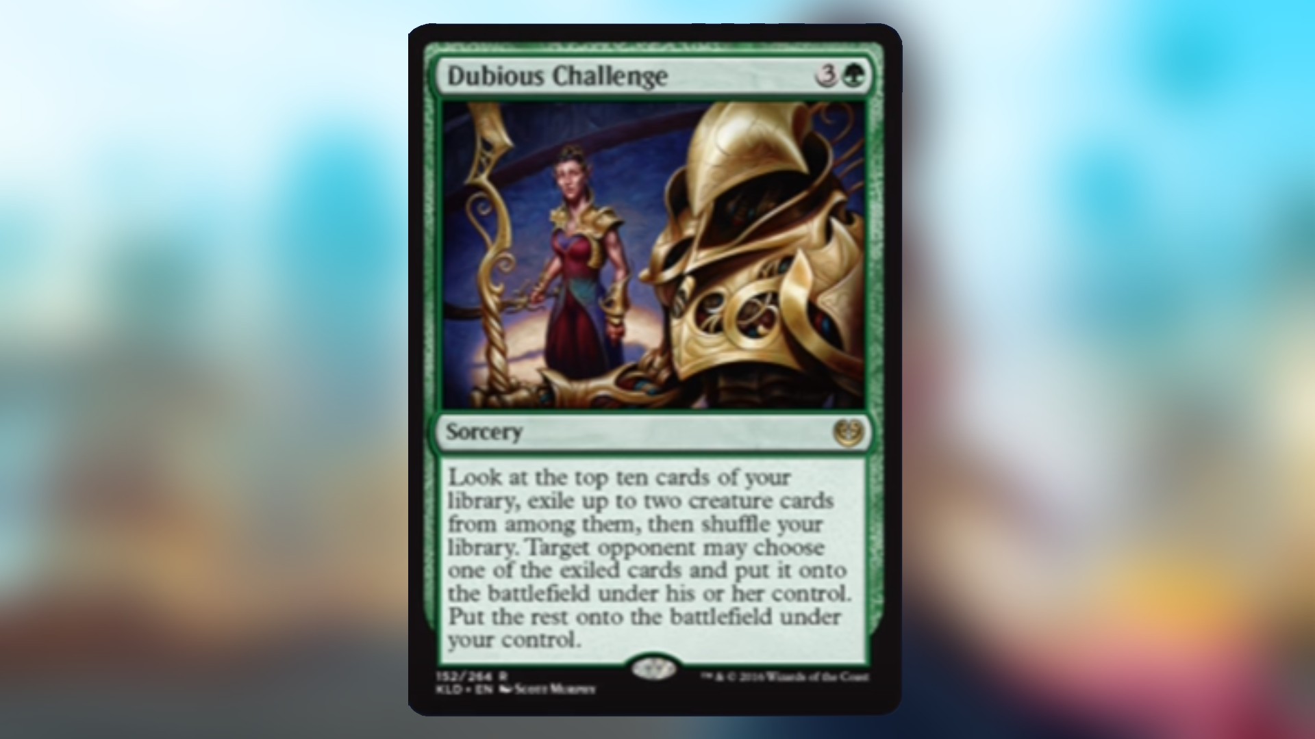 magic the gathering card in green with art showing a worried looking elf staring at the face of a brass construct that towers over her