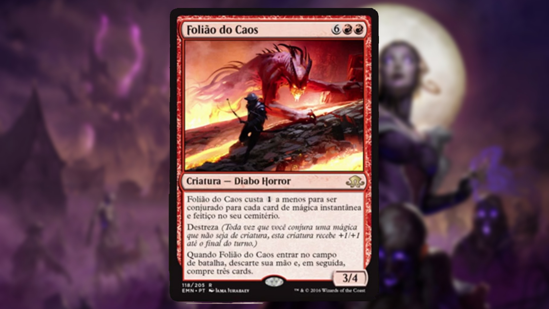 magic the gathering card in red with art depicting some sort of giant devil monster stalking behind a humanoid green skinned figure 