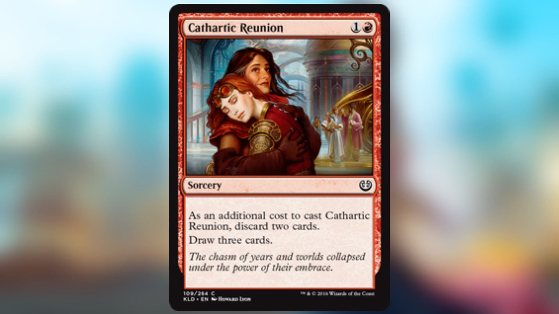 magic the gathering card in red with art featuring two woman sharing an embrace