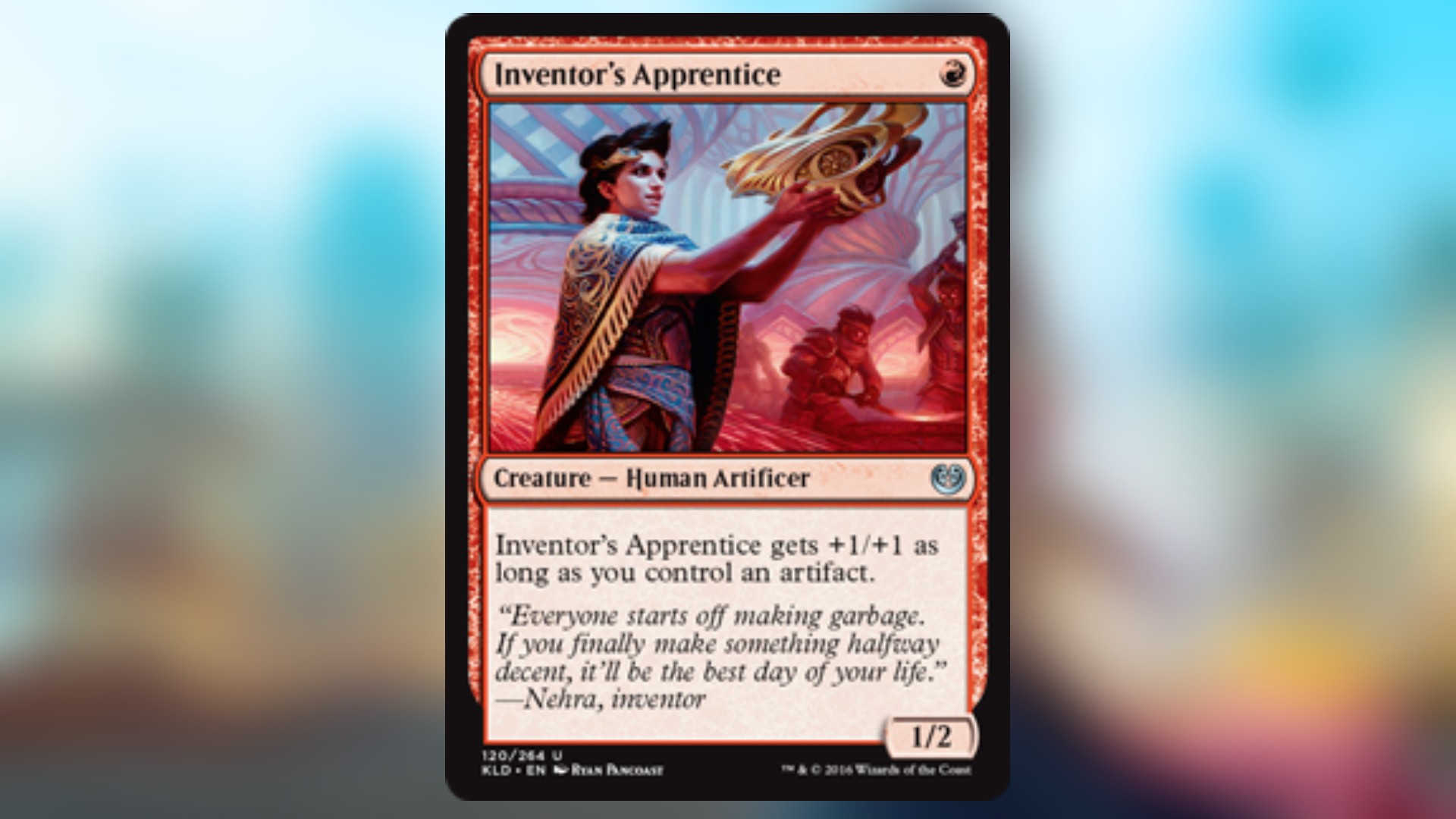 magic the gathering card in red with art of a figure wearing robes reverently holding up a golden artifact