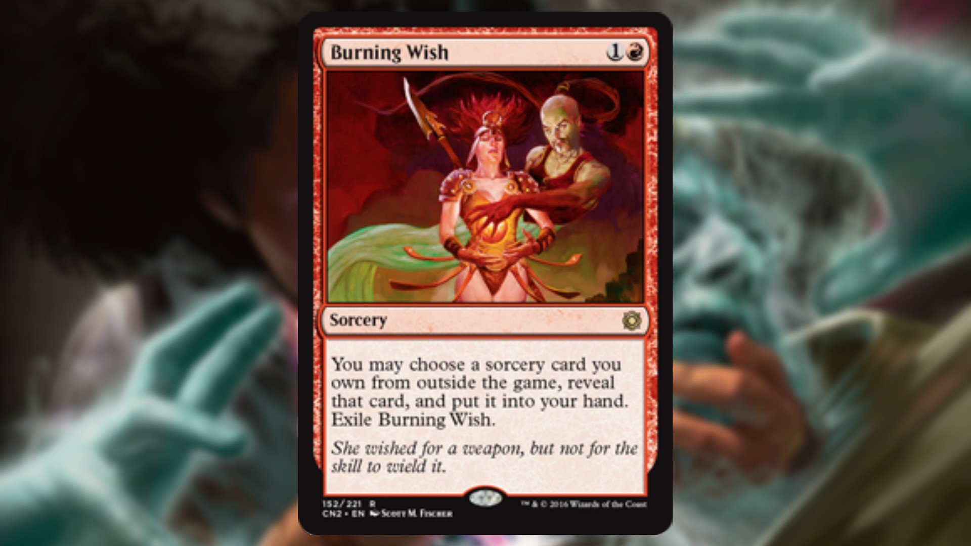 magic the gathering card in red with art of a strange figure holding a burning hand over the breast of another soldier 