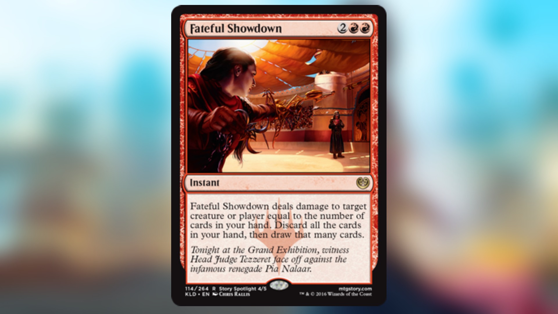 magic the gathering card in red with art of a woman pointing a device at another figure in a crowded arena