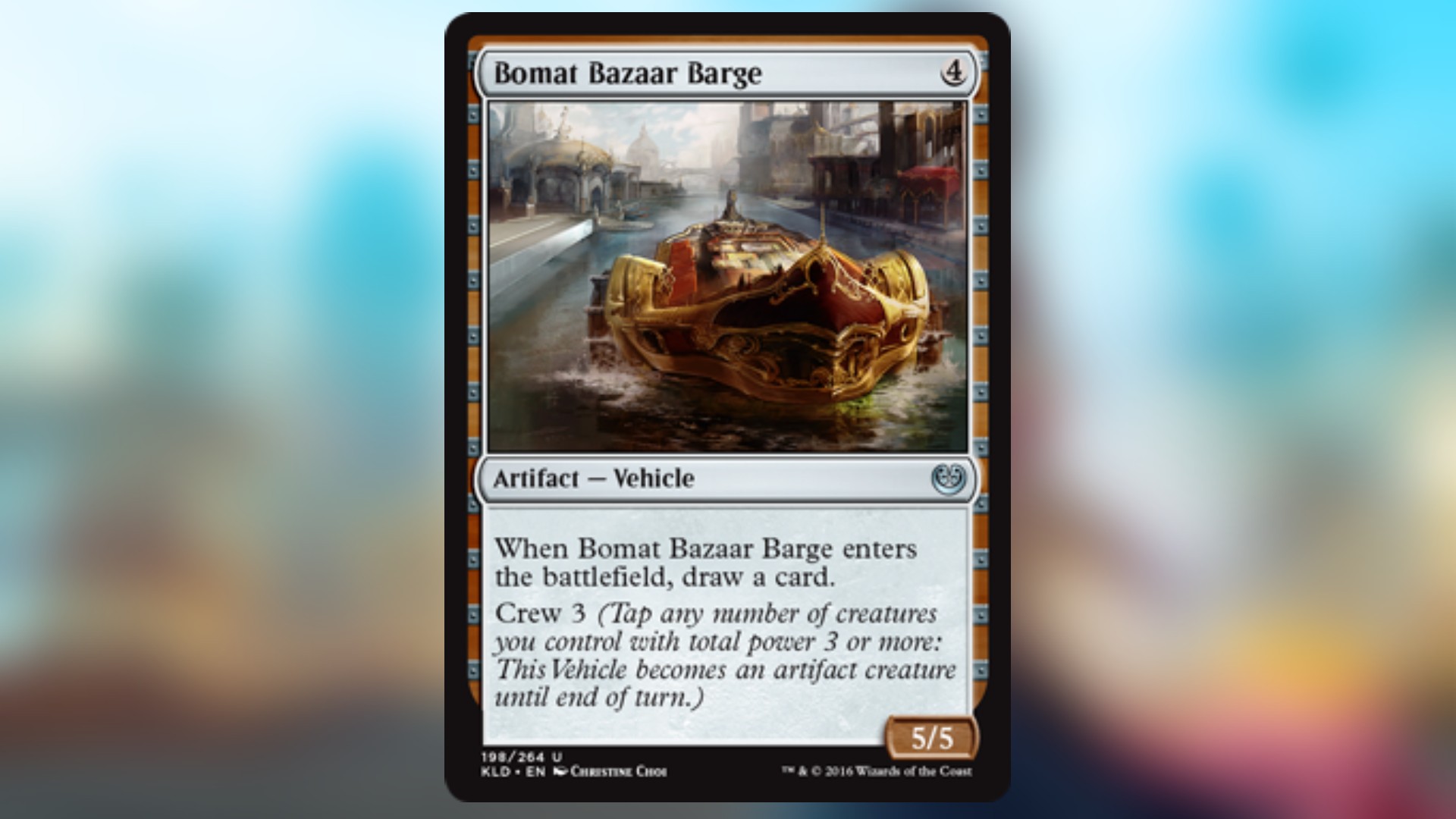 magic the gathering card with a brown and metal border and art depicting a large barge in a busy city canal
