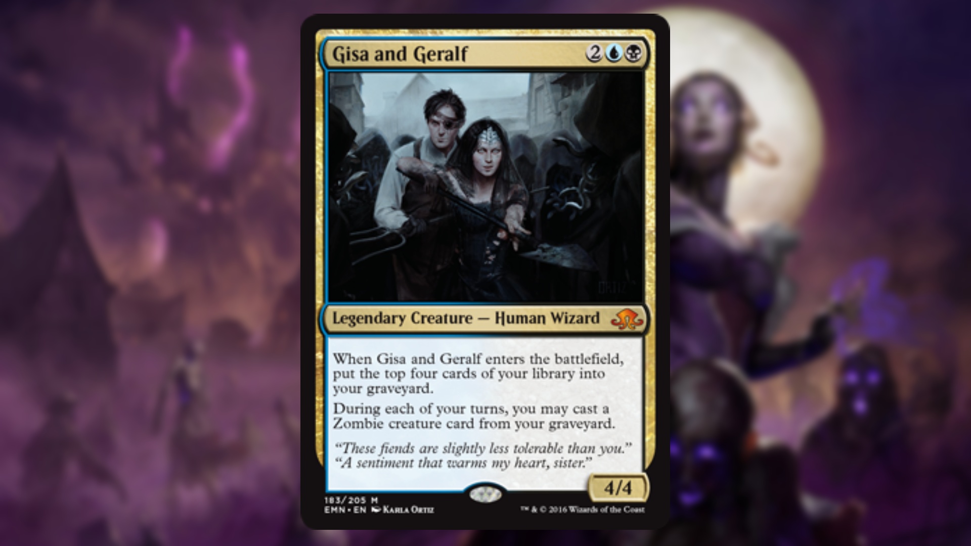 magic the gathering card with a gold border featuring a pale man and woman with gothic looking clothes standing in a misty city surrounded by undead hooded figures