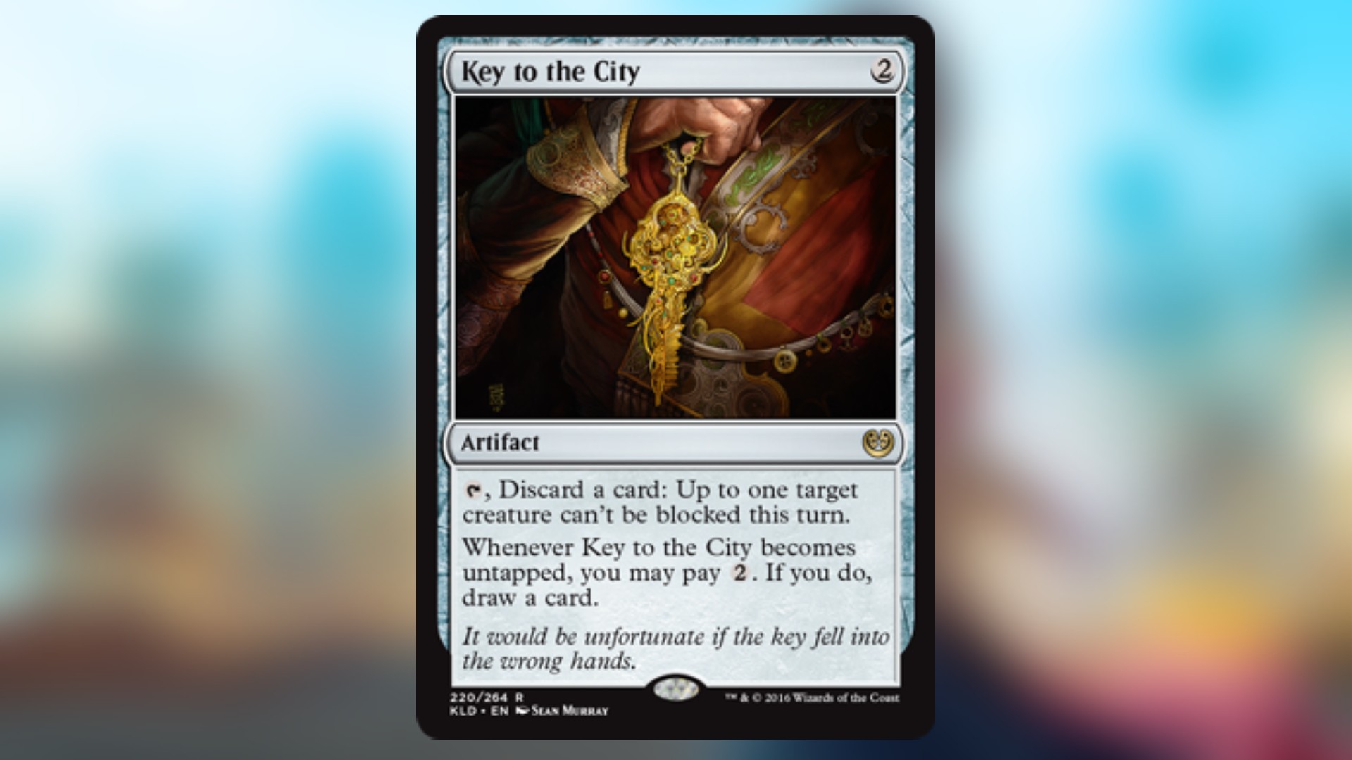 magic the gathering card with no color and art depicting a golden key being worn around someones neck as they clutch at the chain