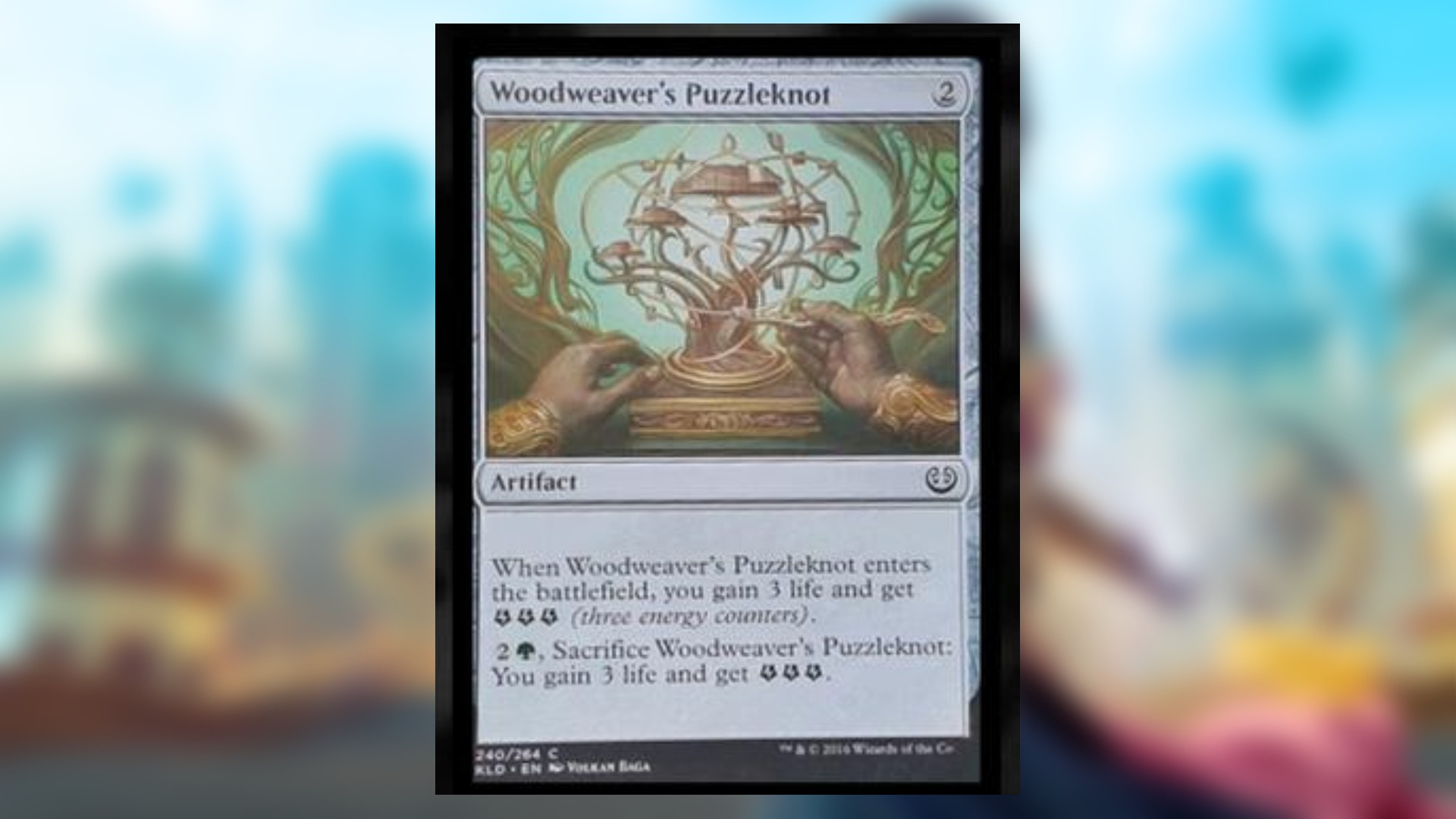 magic the gathering card with no color and art depicting a wooden contraption that is a cross between a scultpure and puzzle