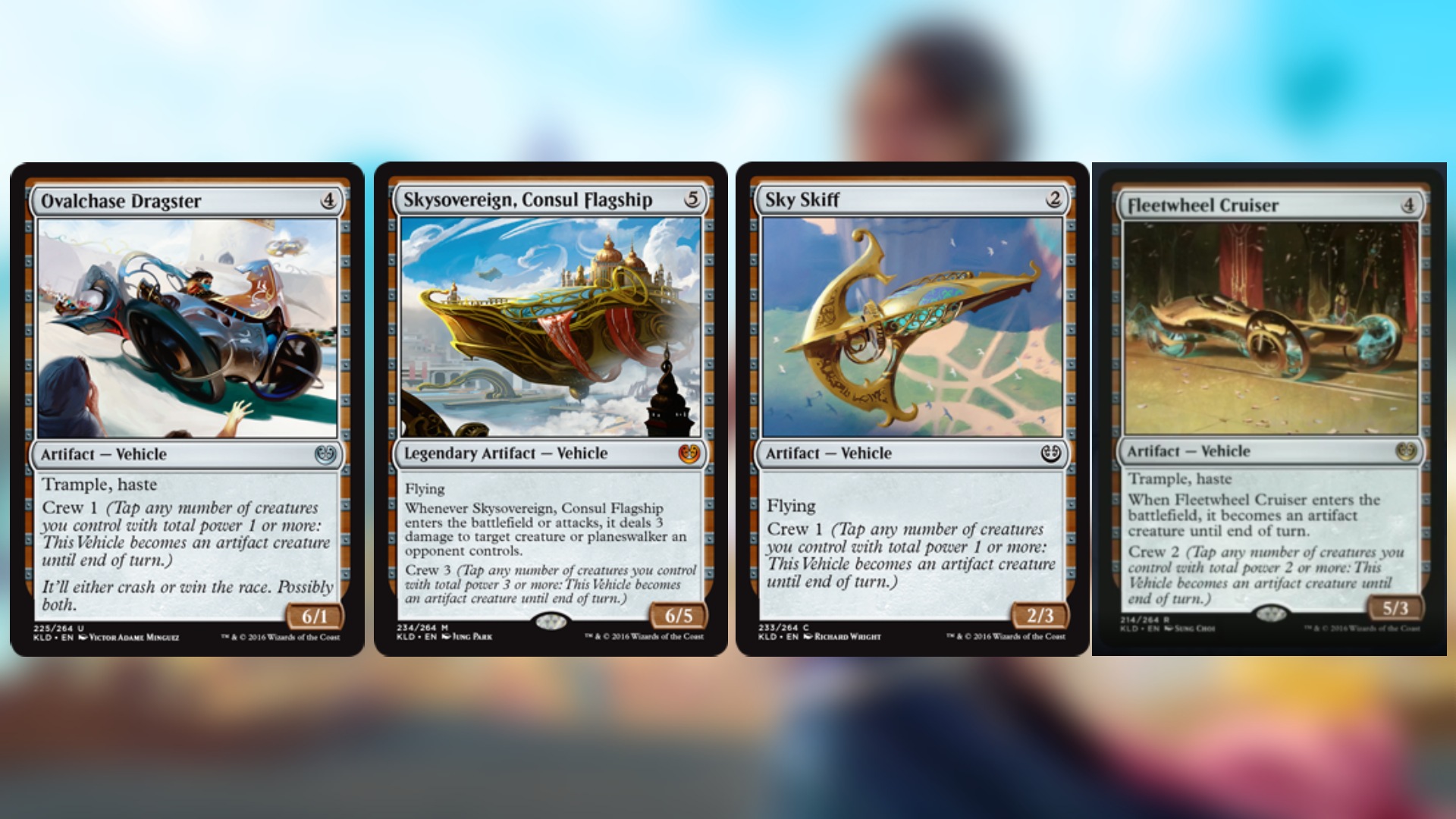 magic the gathering cards four in a row all featuring different strangely designed vehicles from boats to cars and flying machines