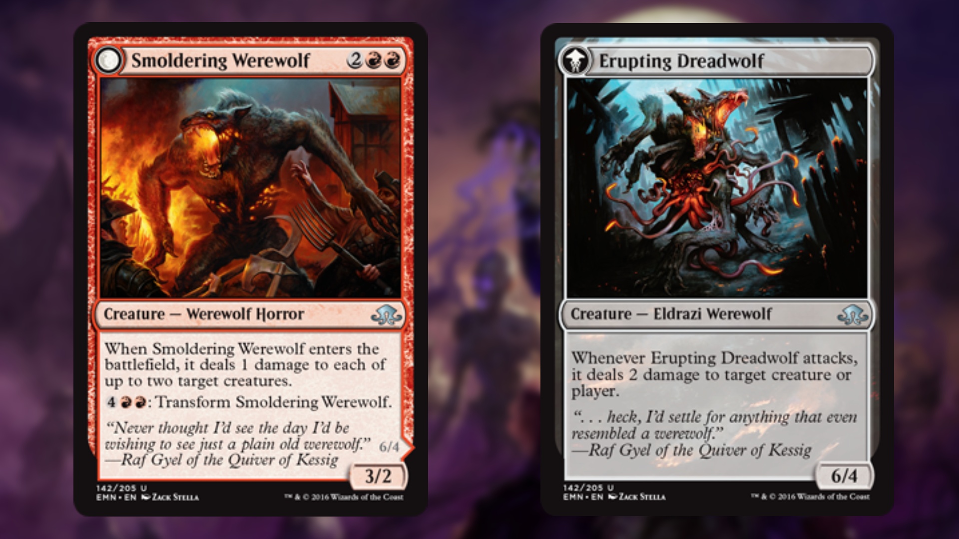 magic the gathering cards two in a row one red and one colorless with the first featuring a werewolf on fire and the other the same werewolf after fire has burst out of it