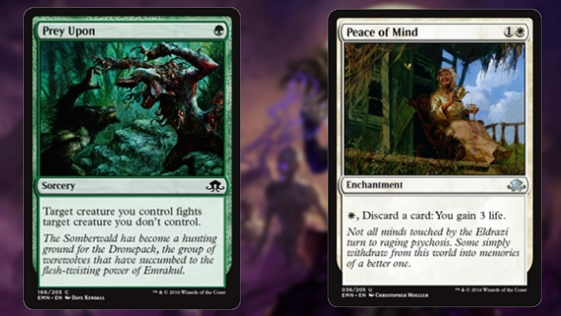 magic the gathering cards two in a row the first green with a horrific creature facing off against a werewolf while other features a person at peace