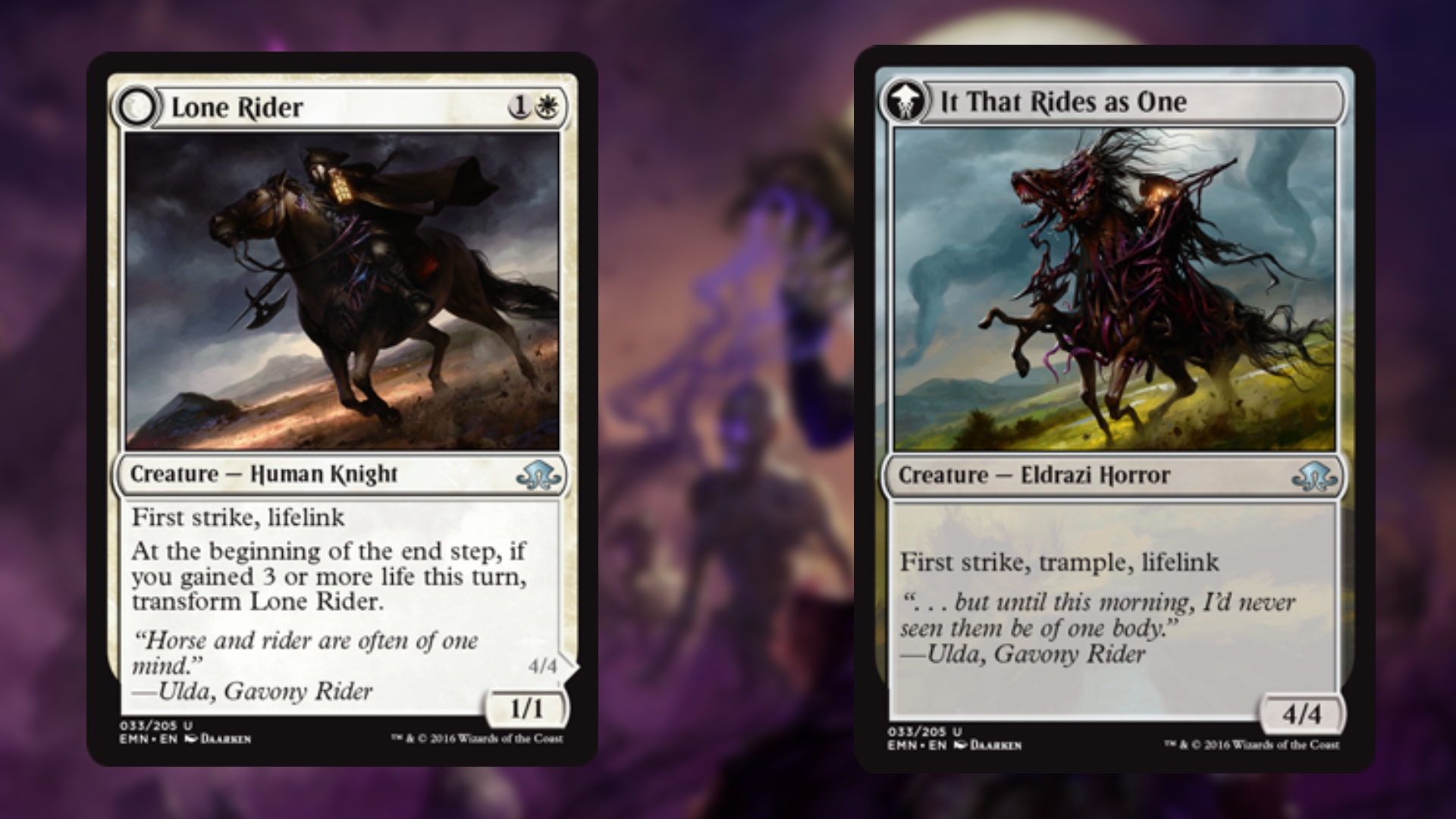 magic the gathering cards two in a row with one featuring a soldier riding on a horse while the other featuring a horrific amalgamation of both horse and rider as a single creature