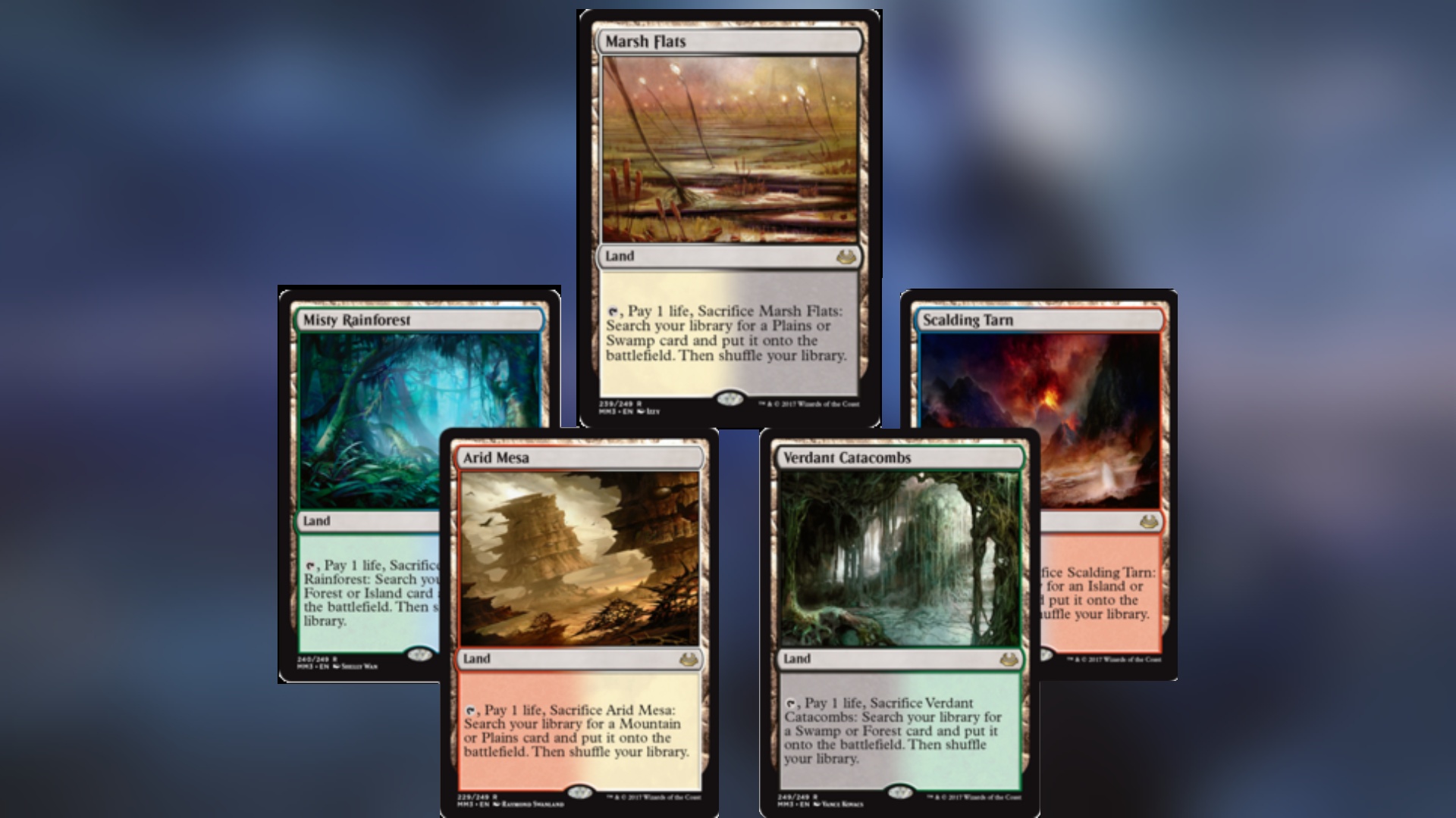 Modern Masters 2017 spoilers featuring five magic the gathering cards arranged in a circle with art of different terrains on them