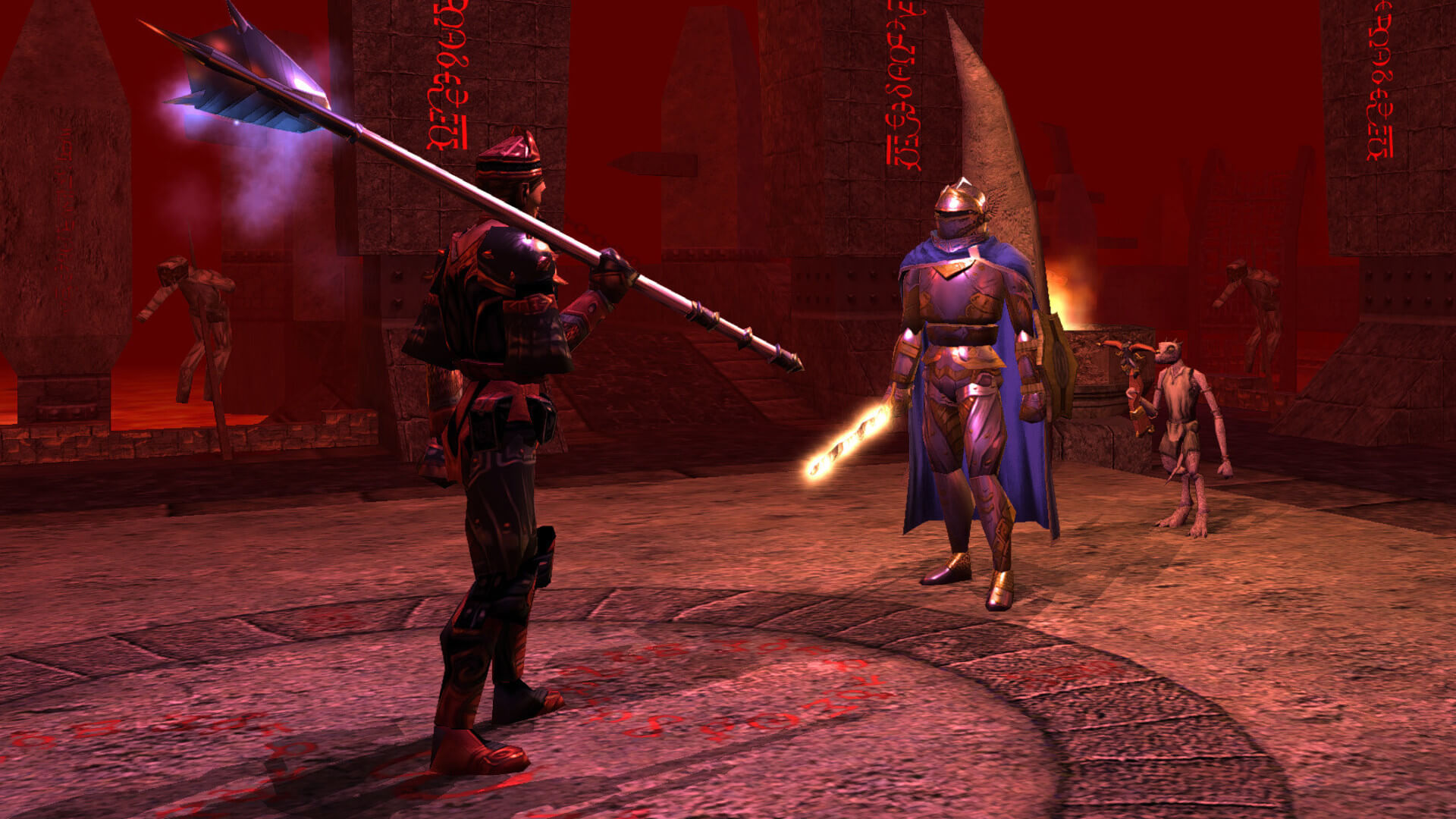 Two characters standing in a distinctly evil-looking location in Neverwinter Nights, which was originally published by Infogrames