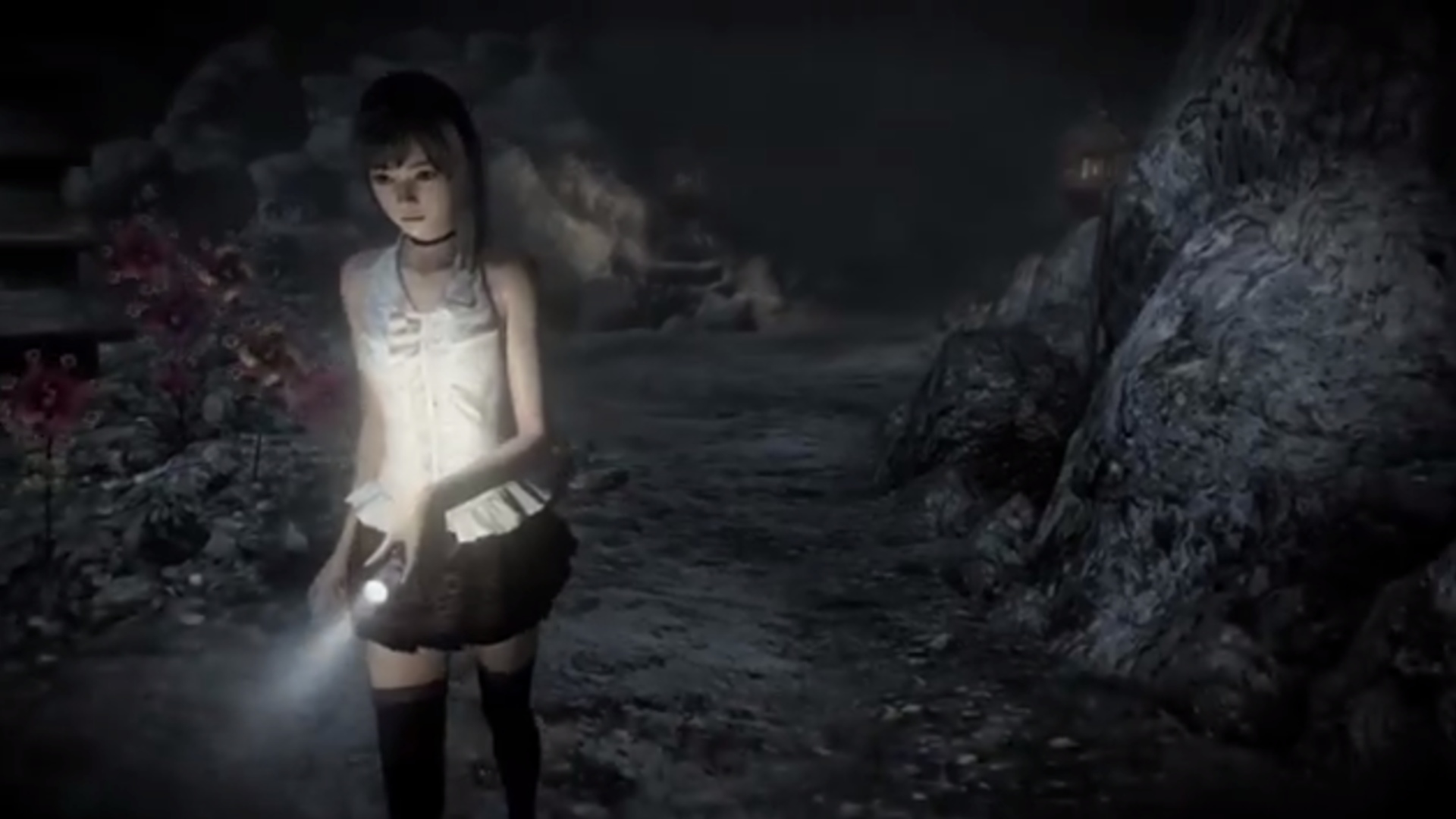 Nintendo Direct April Fools' Screenshot showing a new fatal frame game screenshot with a japanese teenage girl aloen in a rural location with a torch