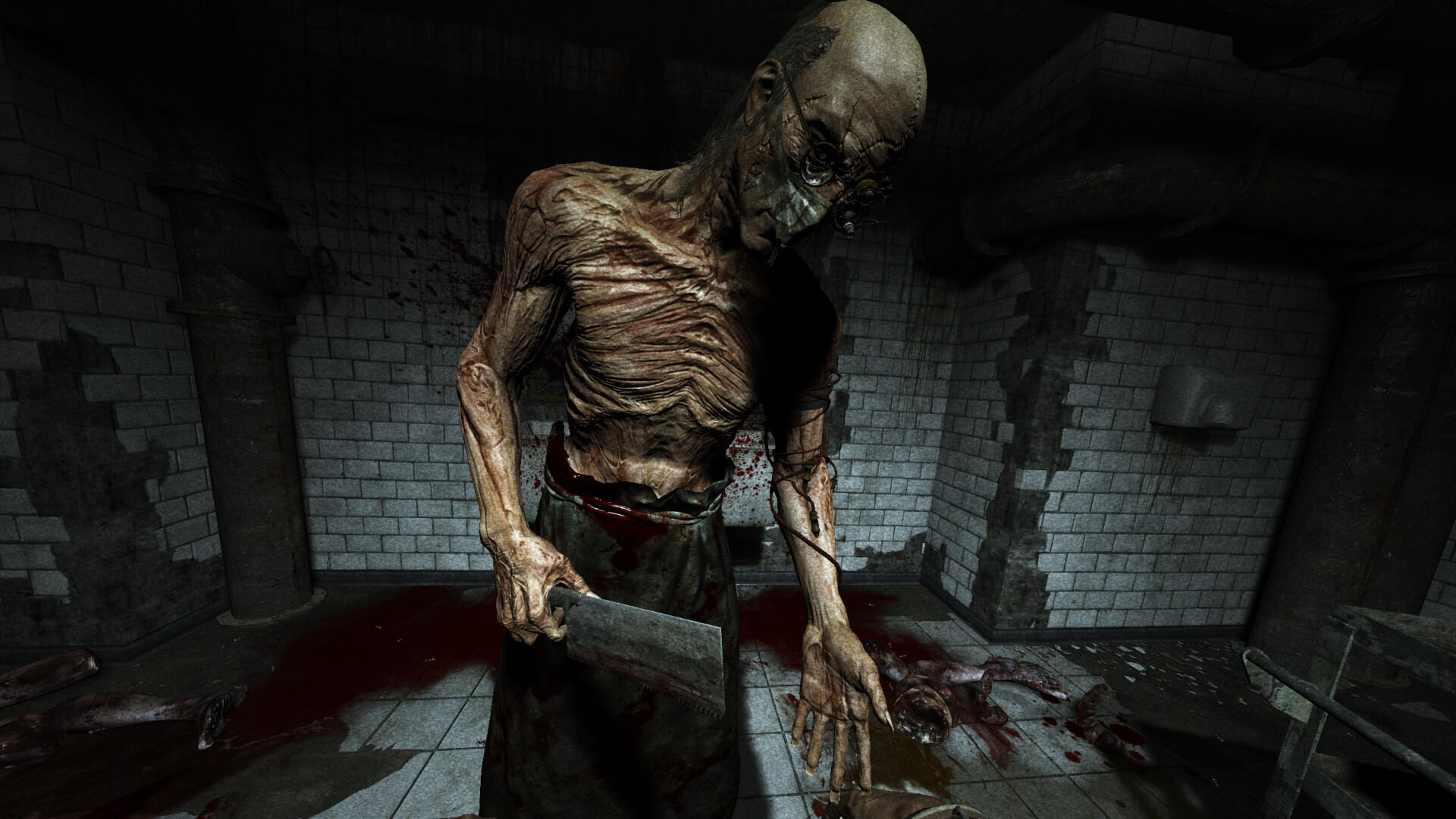 Richard Trager wielding a cleaver in Outlast, a PlayStation Plus game in February 2014