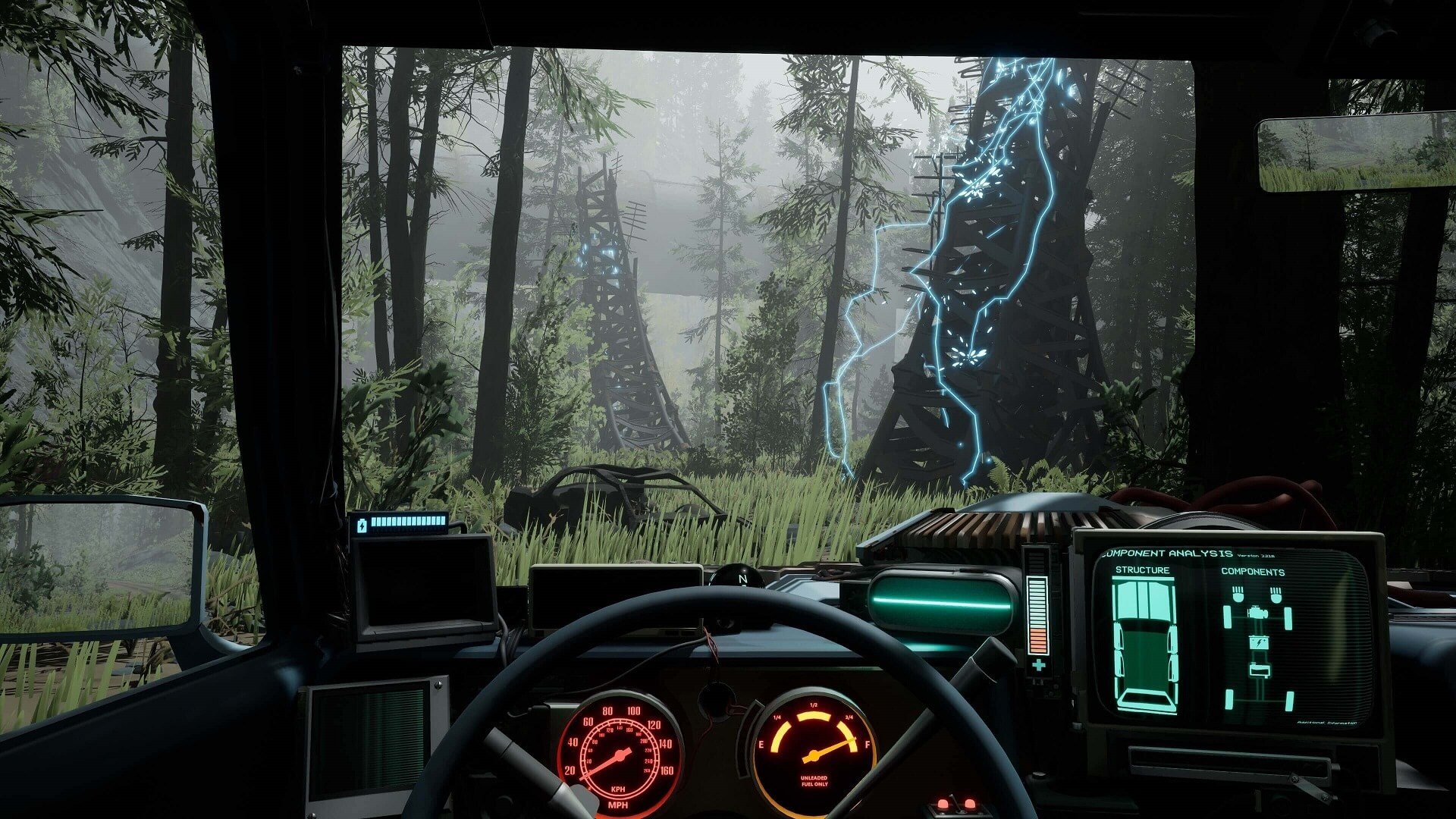 pacific drive view of inside of car and controls and lightning anomaly