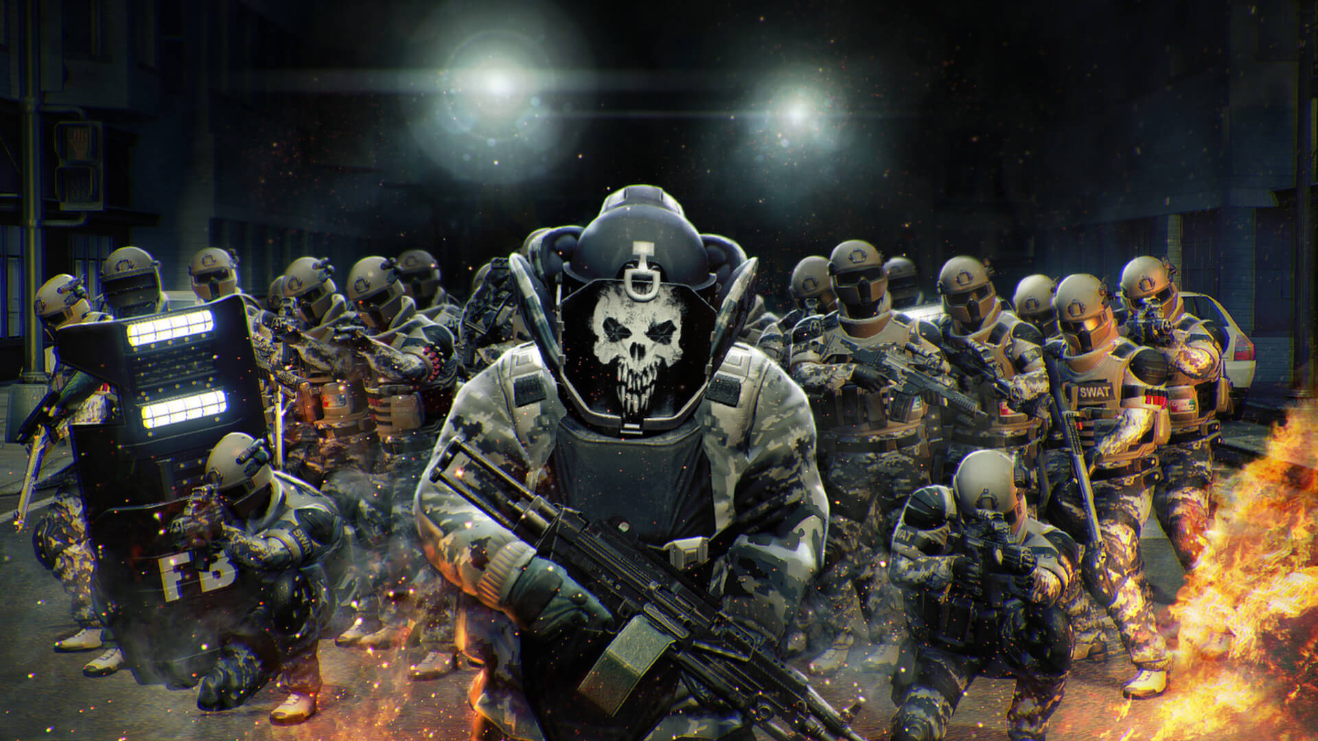 Ranks of soldiers wearing armor with a figure at the front in a skull mask in Payday 2, a PlayStation Plus game in February 2014